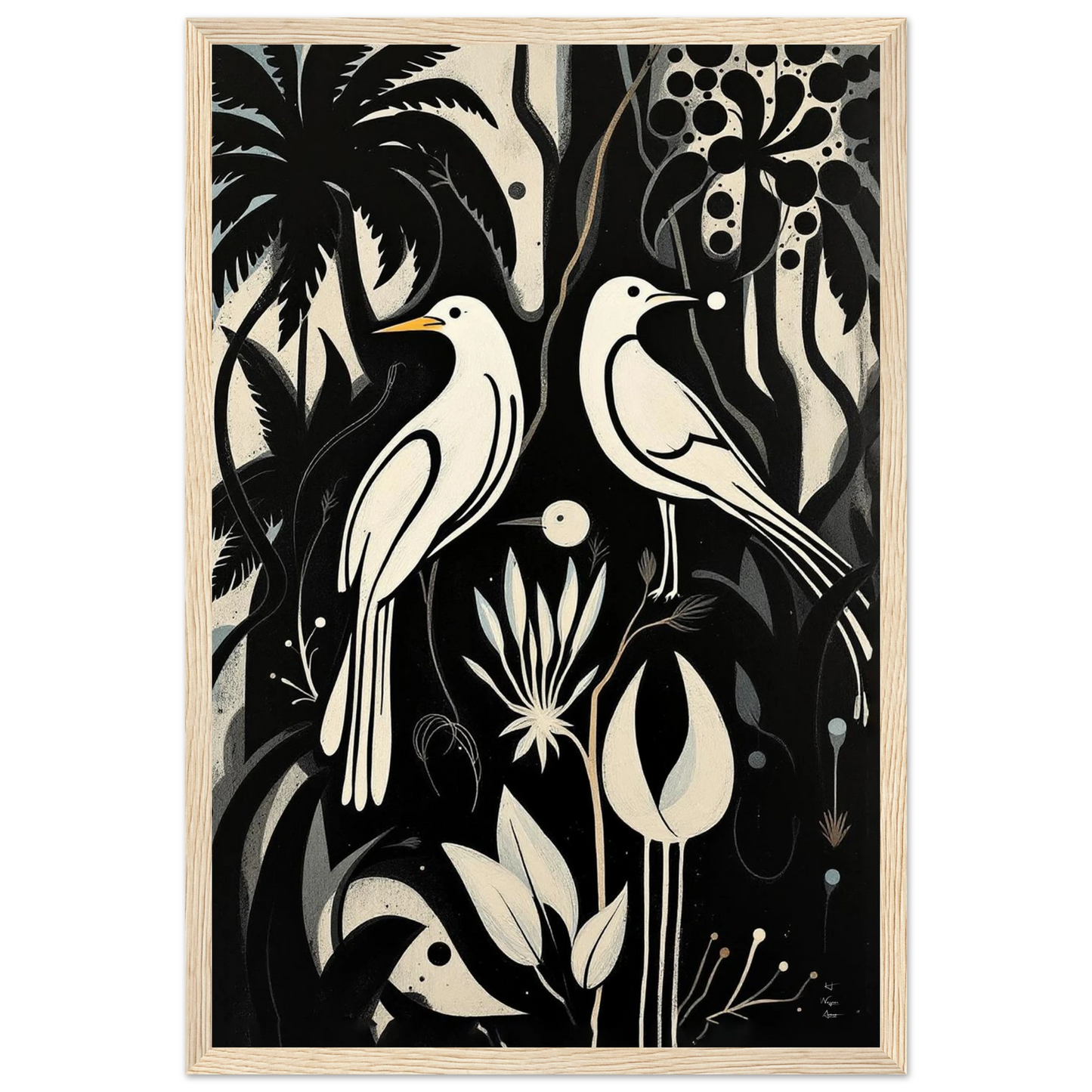 Black & White Minimalist Bird Art Print Light Wood Frame 30x45 cm 12x18″ Premium Matte Paper Wooden Framed Poster
