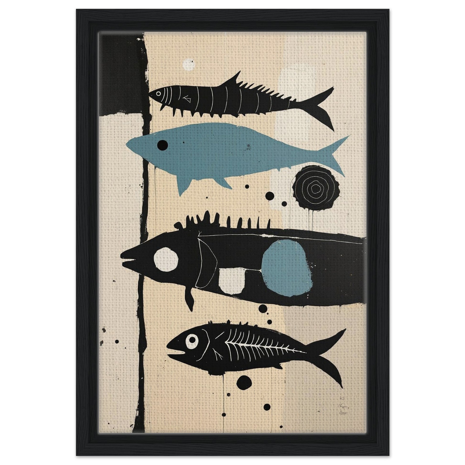 Mid-Century Modern Fish Art Poster Print – Framed Abstract Neutral Wall Decor Dark Brown Wood Frame 60x90 cm 24x36″ Framed Canvas