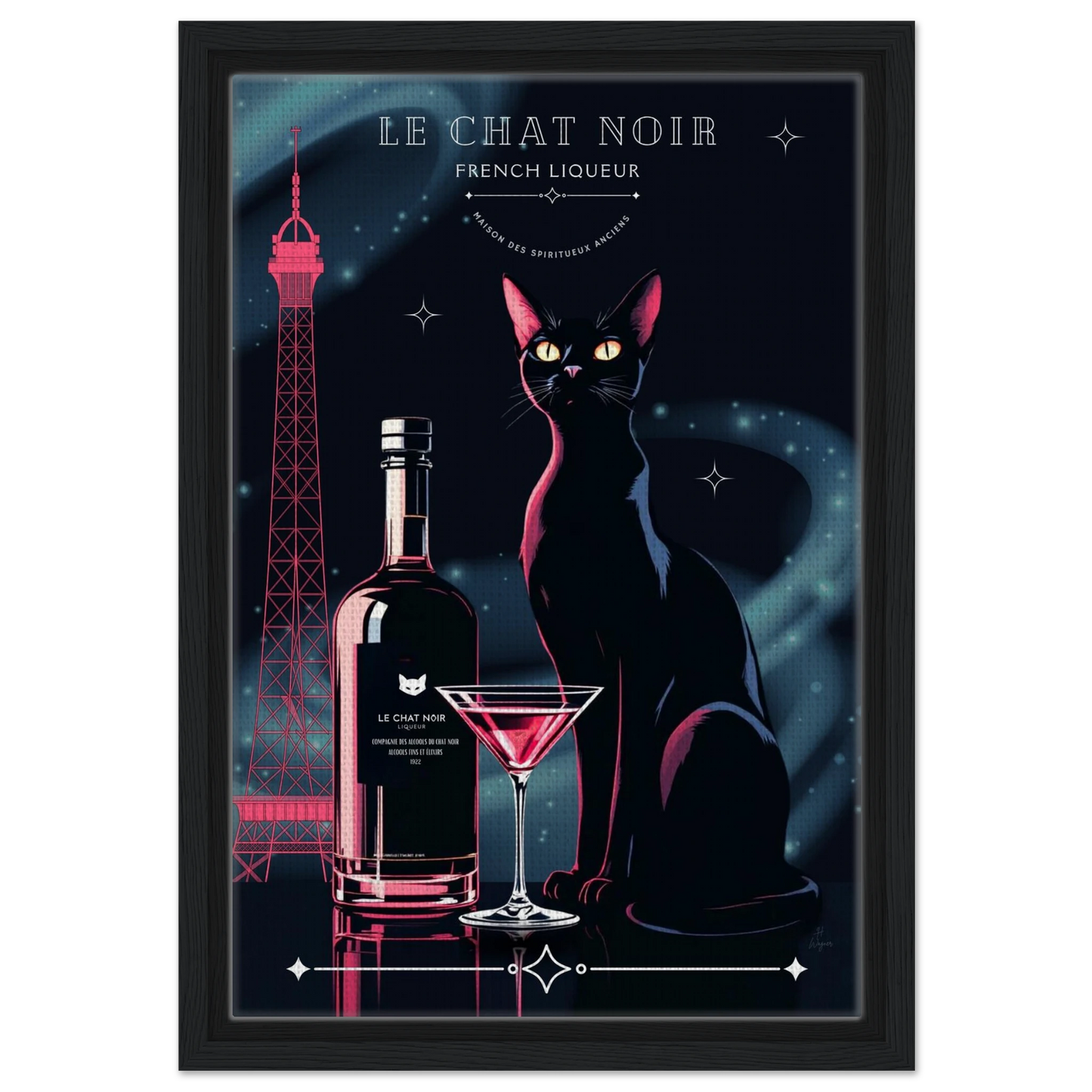Art Deco Le Chat Noir French Black Cat Art Print 30x45 cm 12x18″ Framed Canvas Black frame
