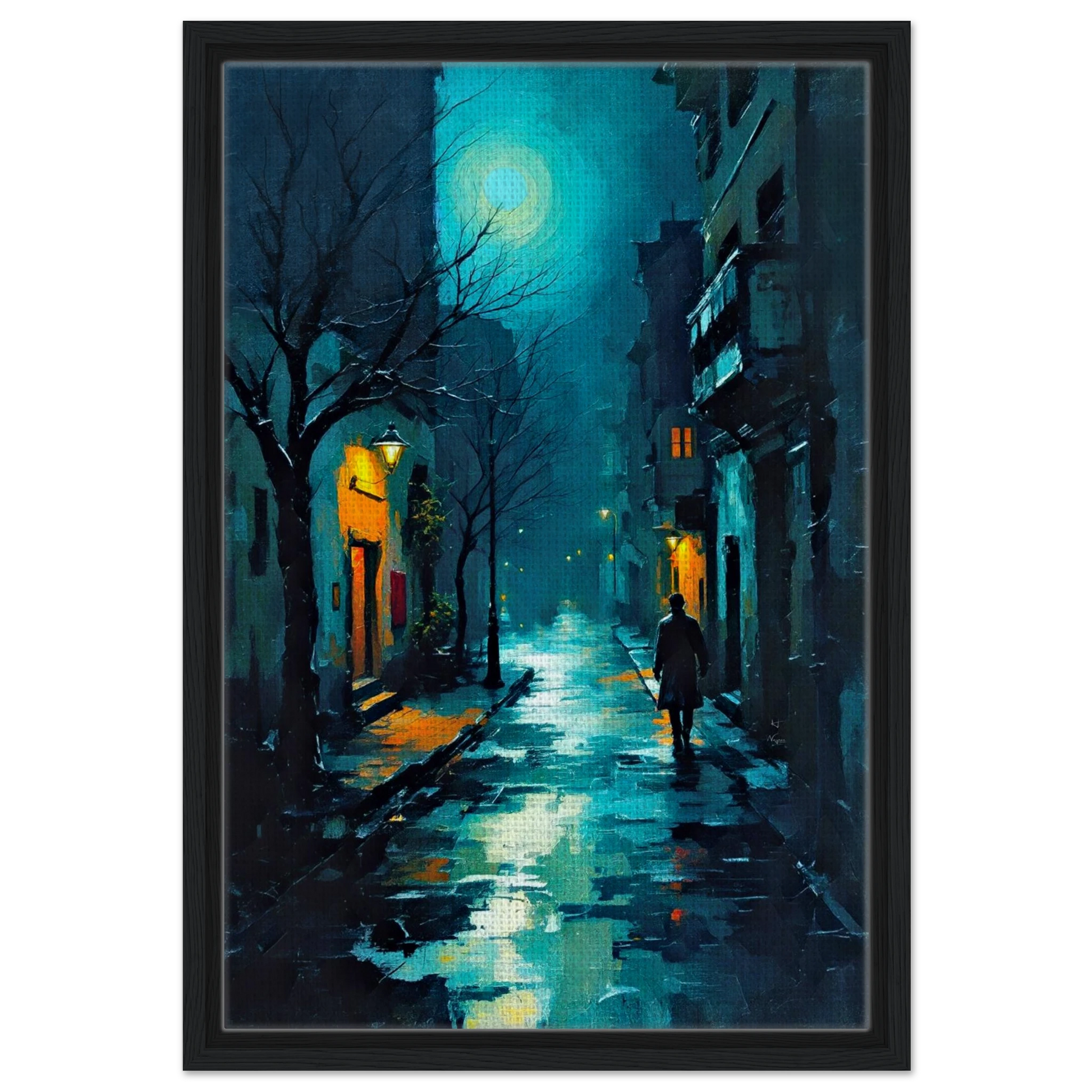 Blue Moon Night Street Scene Art Print 40x60 cm 16x24″ Framed Canvas Black Wood Frame