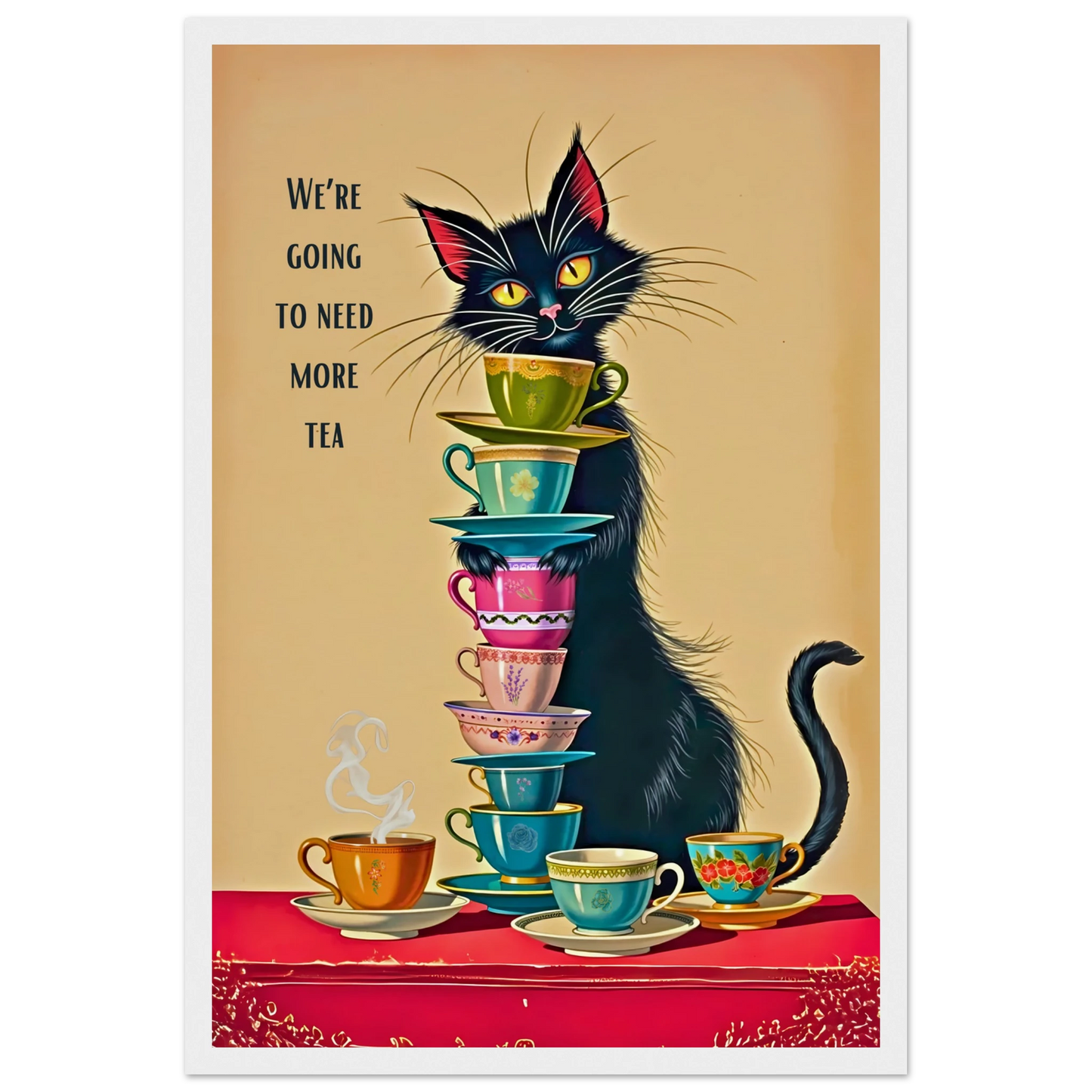 Quirky Cat Funny Tea Art Print 30x45 cm 12x18″ Museum-Quality Matte Paper Wooden Framed Poster White Wood Frame