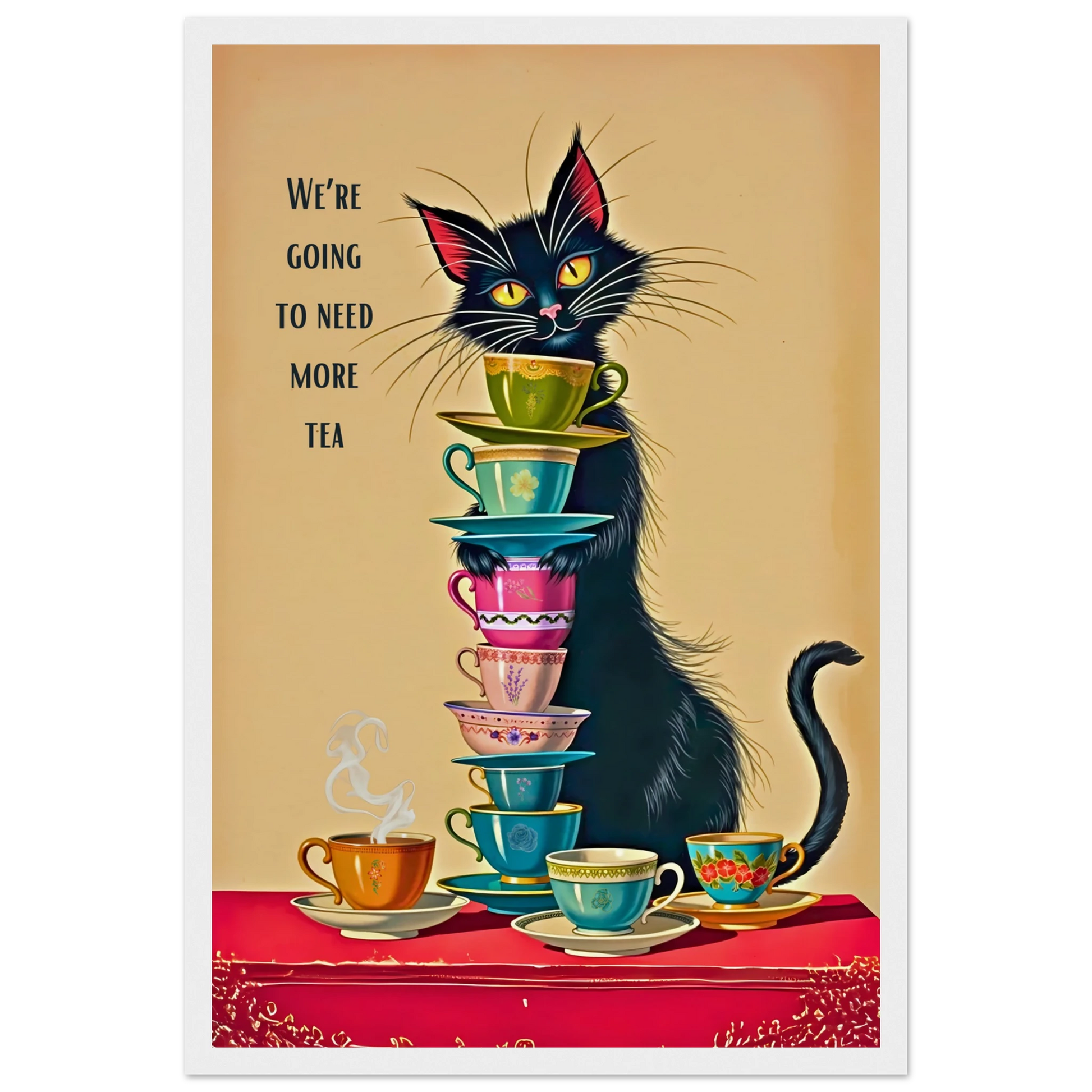 Quirky Cat Funny Tea Art Print 30x45 cm 12x18″ Museum-Quality Matte Paper Wooden Framed Poster White Wood Frame