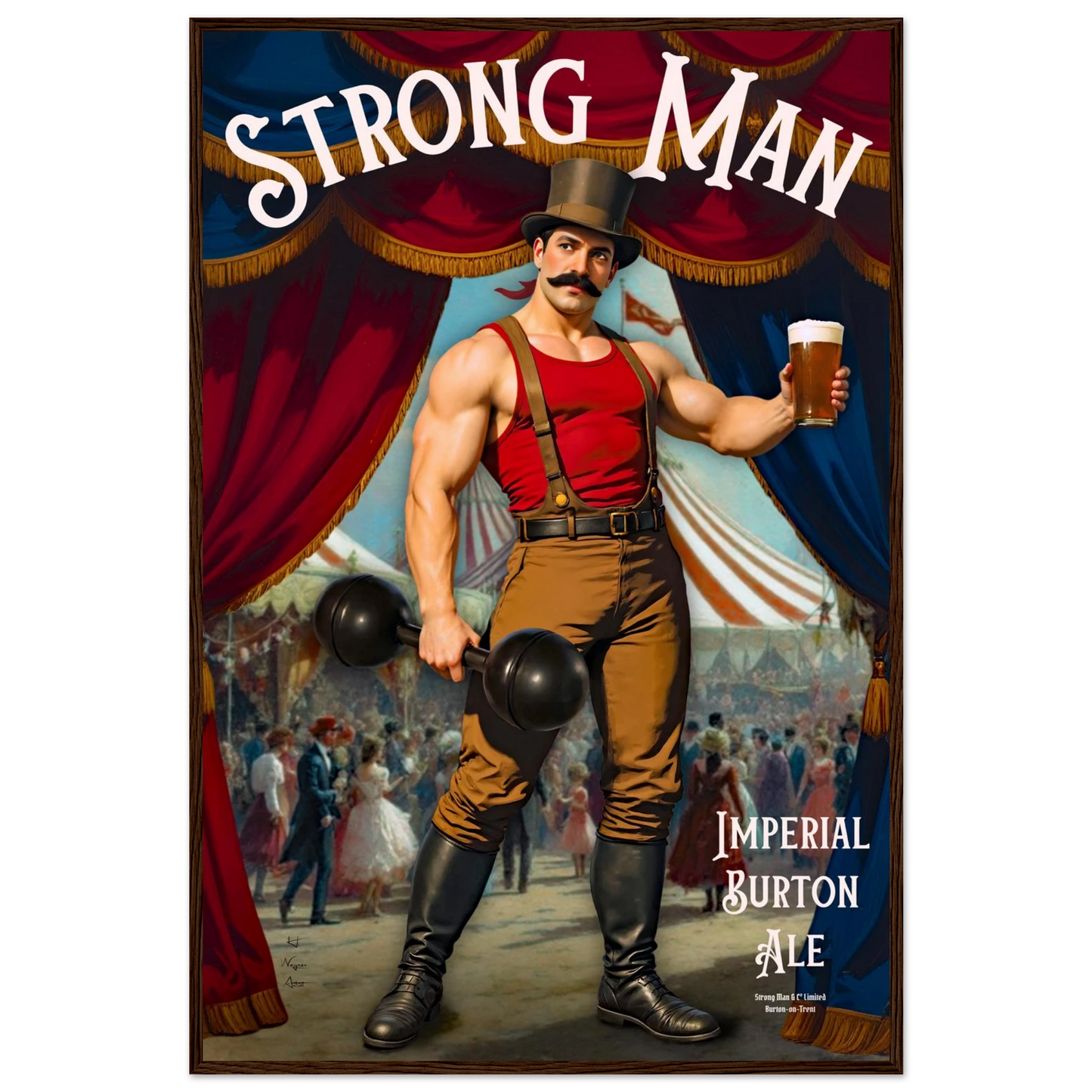 Vintage Victorian Circus Strongman Ale Art Print Dark Brown Wood Frame 60x90 cm 24x36″ Premium Matte Wooden Framed Poster