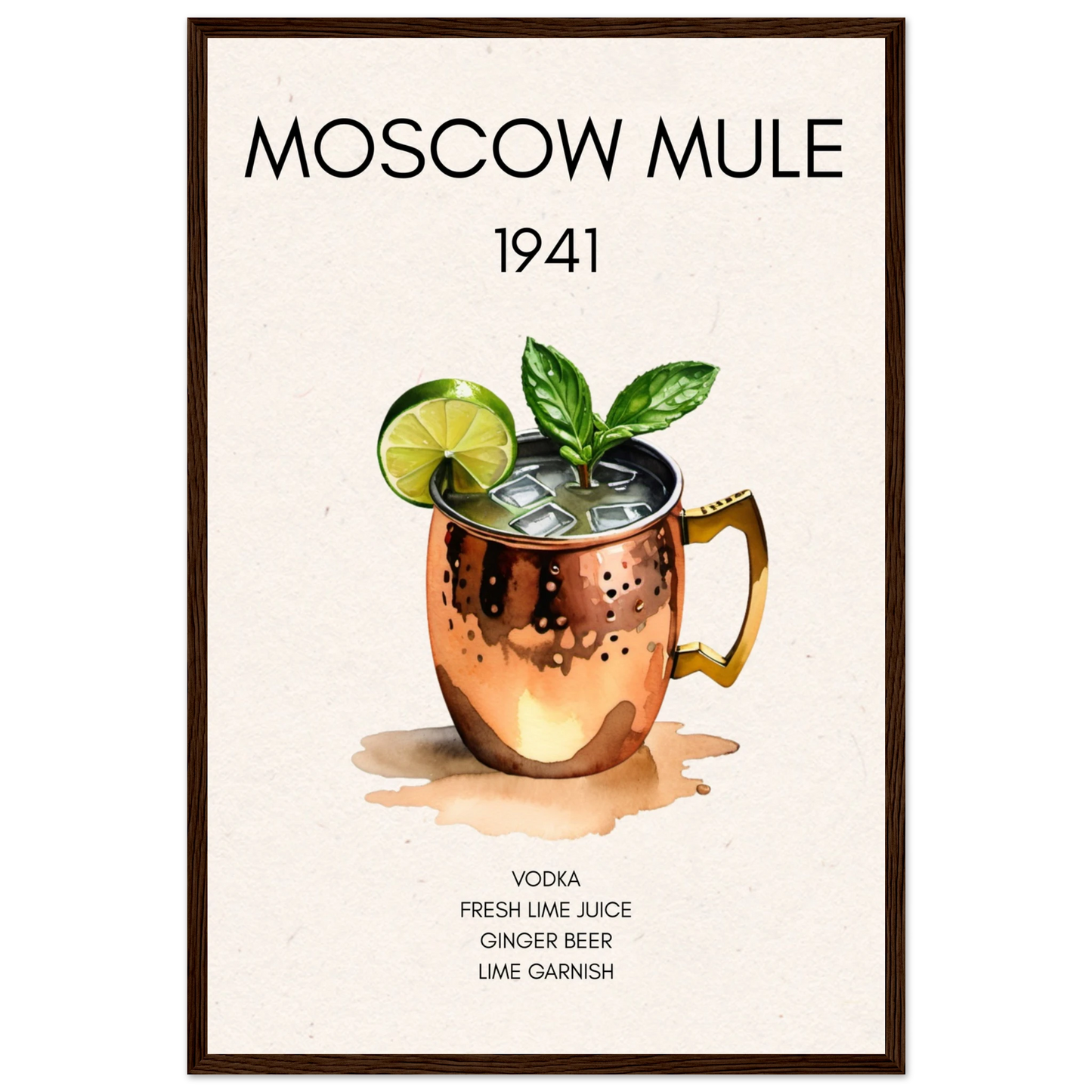 Moscow Mule Cocktail Bar Poster Print Dark Brown Wood Frame 40x60 cm 16x24″ Premium Matte Paper Wooden Framed Poster
