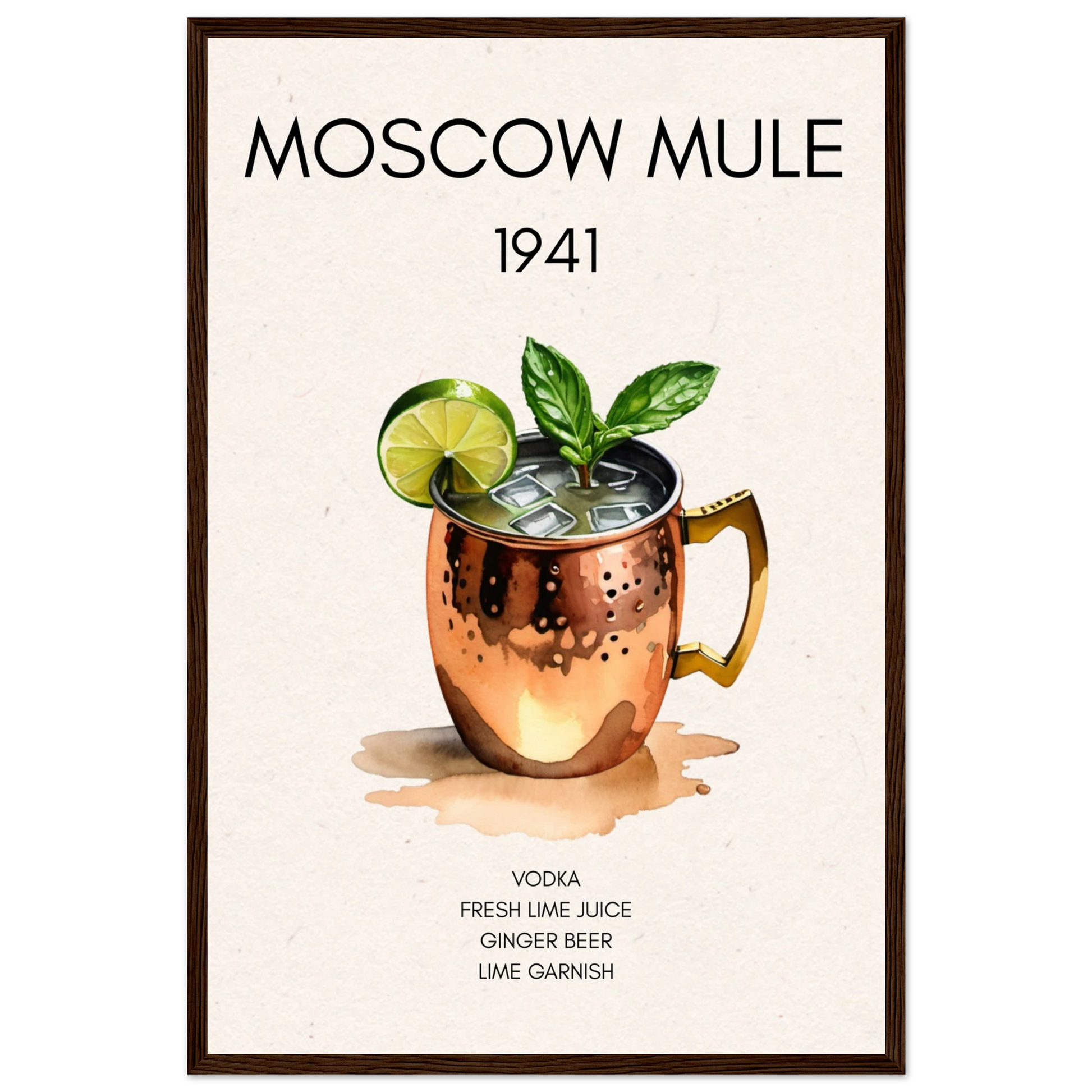 Moscow Mule Cocktail Bar Poster Print Dark Brown Wood Frame 40x60 cm 16x24″ Premium Matte Paper Wooden Framed Poster