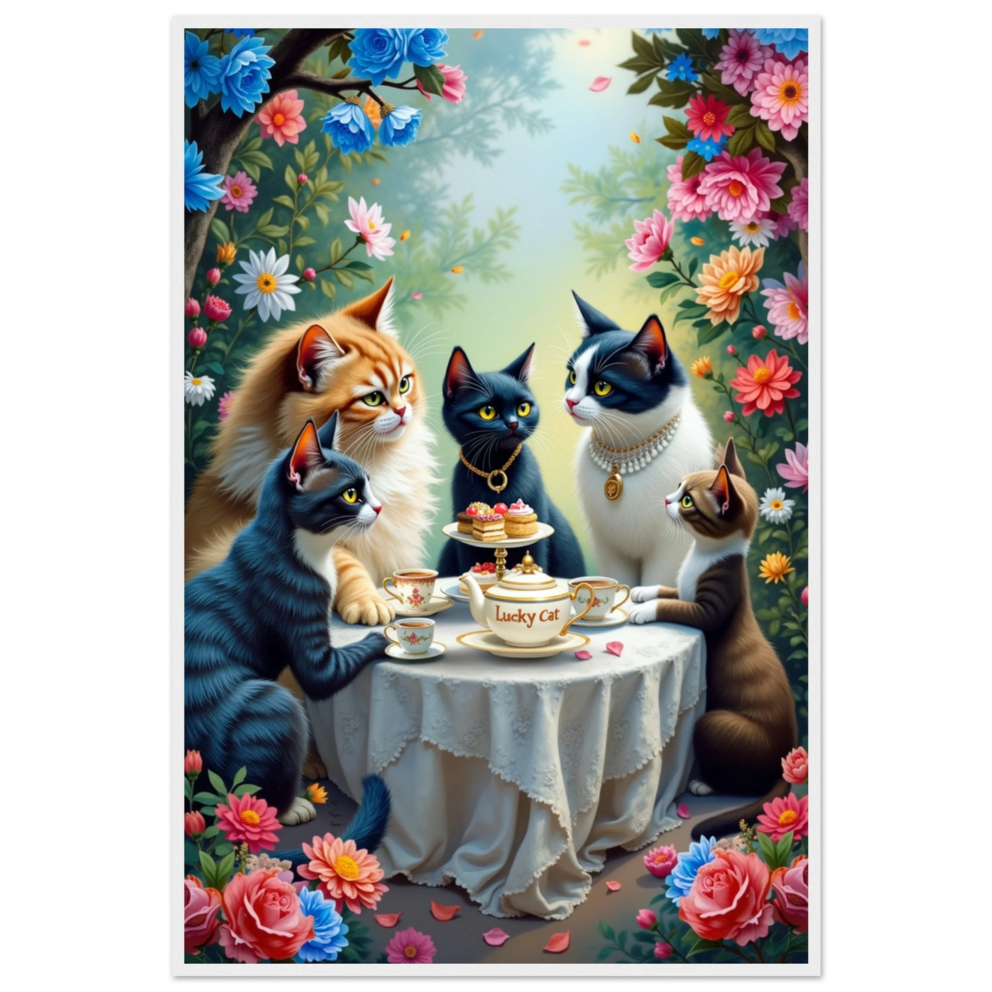 Lucky Cat Tea Party Botanical Art Print 60x90 cm 24x36″ Premium Matte Paper Wooden Framed Poster White Wood Frame