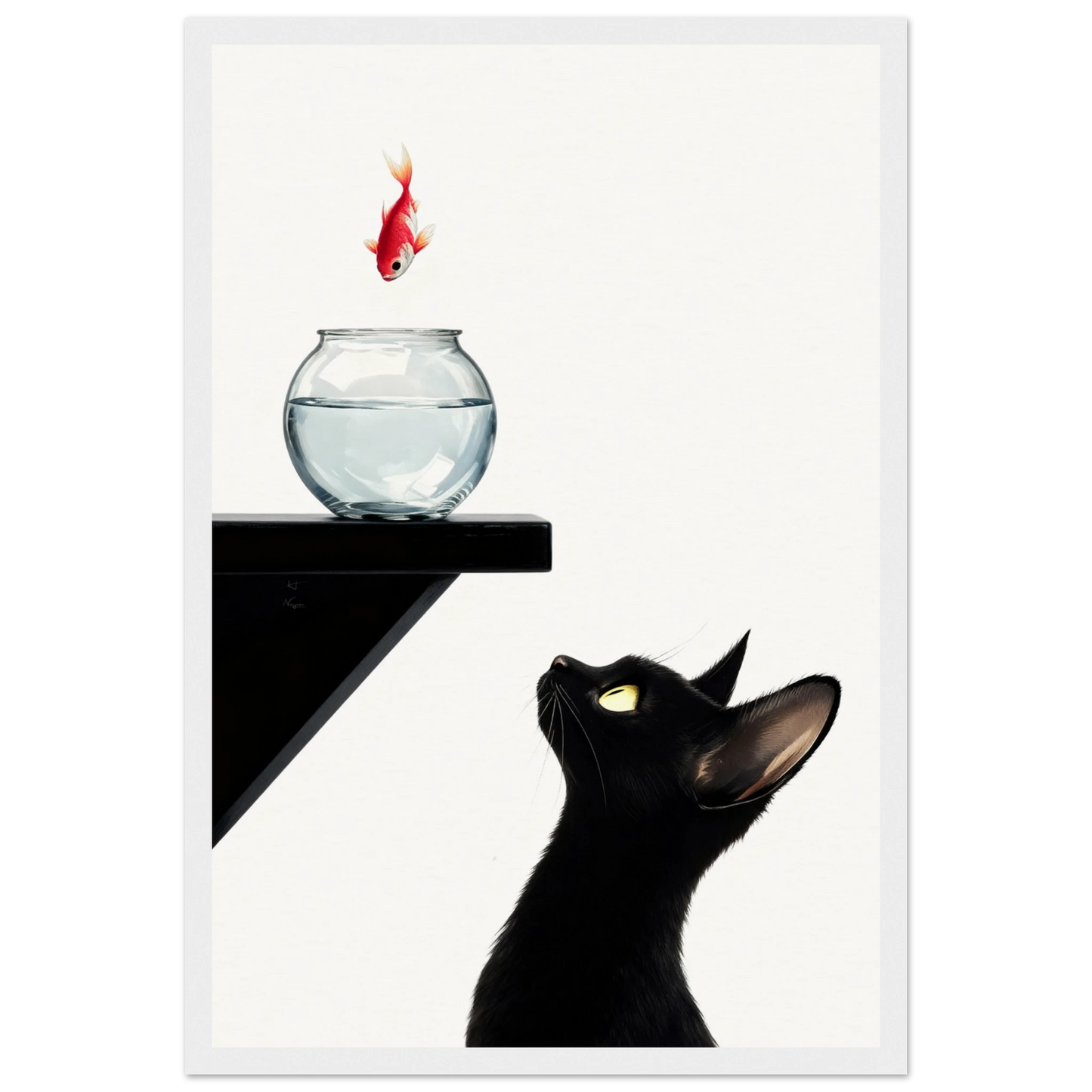 Curious Black Cat Goldfish Minimalist Art Print 30x45 cm 12x18″ Museum-Quality Matte Framed Poster - White Wood