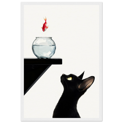 Curious Black Cat Goldfish Minimalist Art Print 30x45 cm 12x18″ Museum-Quality Matte Framed Poster - White Wood