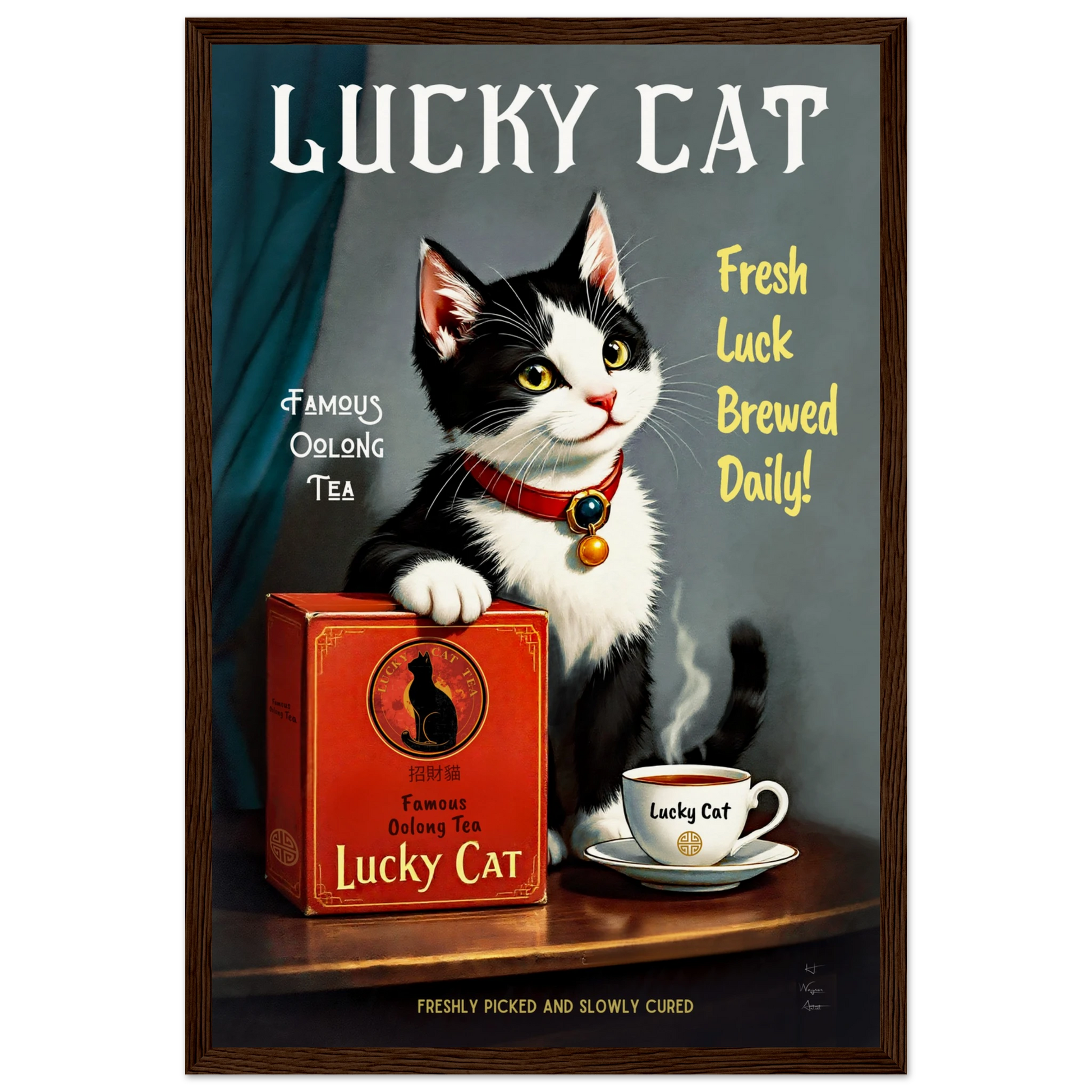 Lucky Tuxedo Cat Tea Kitchen Art Print 30x45 cm 12x18″ Museum-Quality Matte Framed Poster Dark Brown Wood Frame