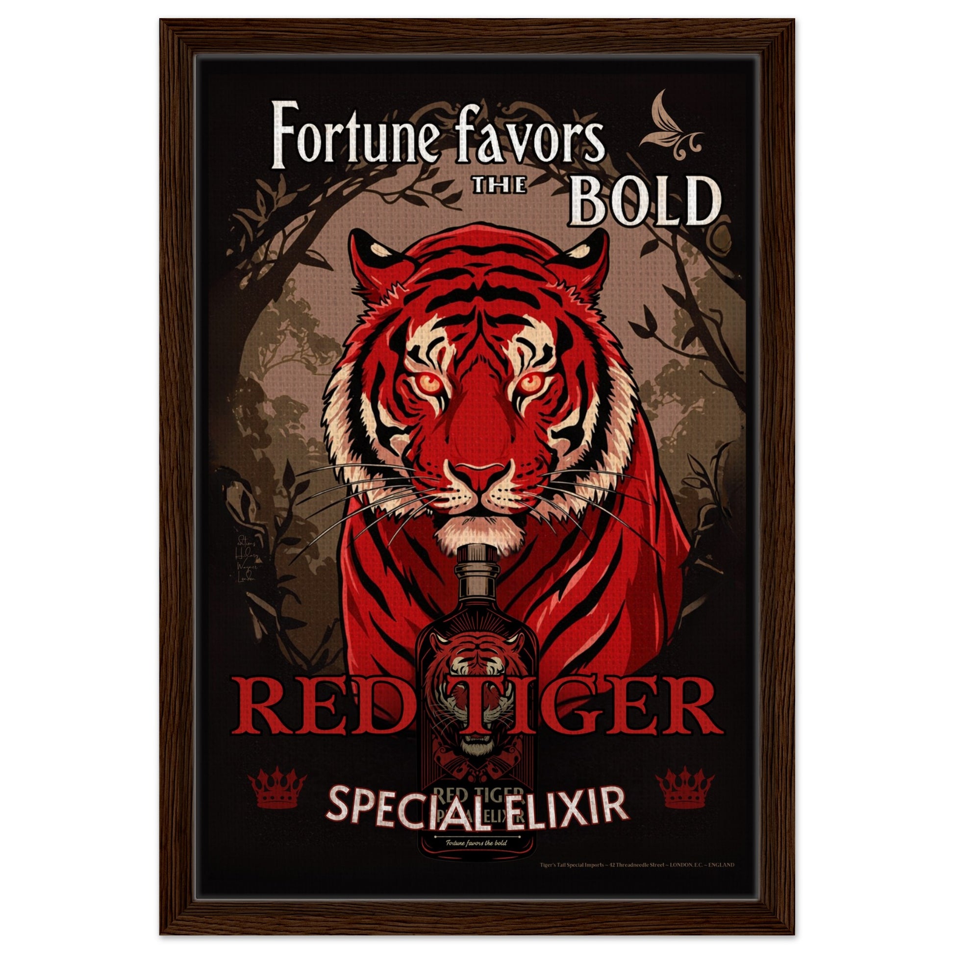 Tiger Cocktail Bar Art Poster Print 40x60 cm 16x24″ Framed Canvas Dark Brown Wood Frame