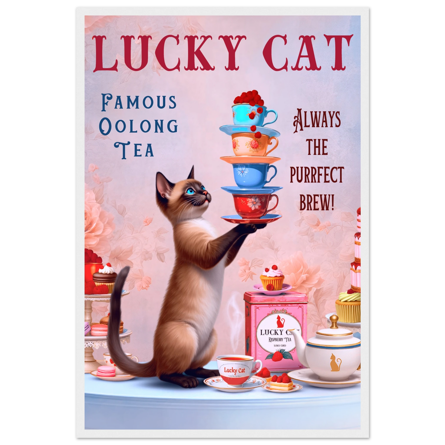 Siamese Lucky Cat Vintage Tea Art Print 40x60 cm 16x24″ Premium Matte Paper Wooden Framed Poster White Wood Frame
