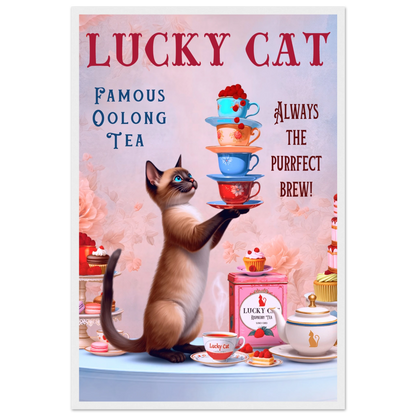 Siamese Lucky Cat Vintage Tea Art Print 40x60 cm 16x24″ Premium Matte Paper Wooden Framed Poster White Wood Frame