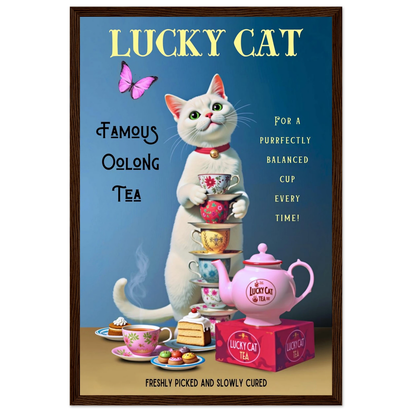 White Lucky Cat Tea Vintage Fine Art Print Dark Brown Wood Frame 30x45 cm 12x18″ Classic Matte Paper Wooden Framed Poster