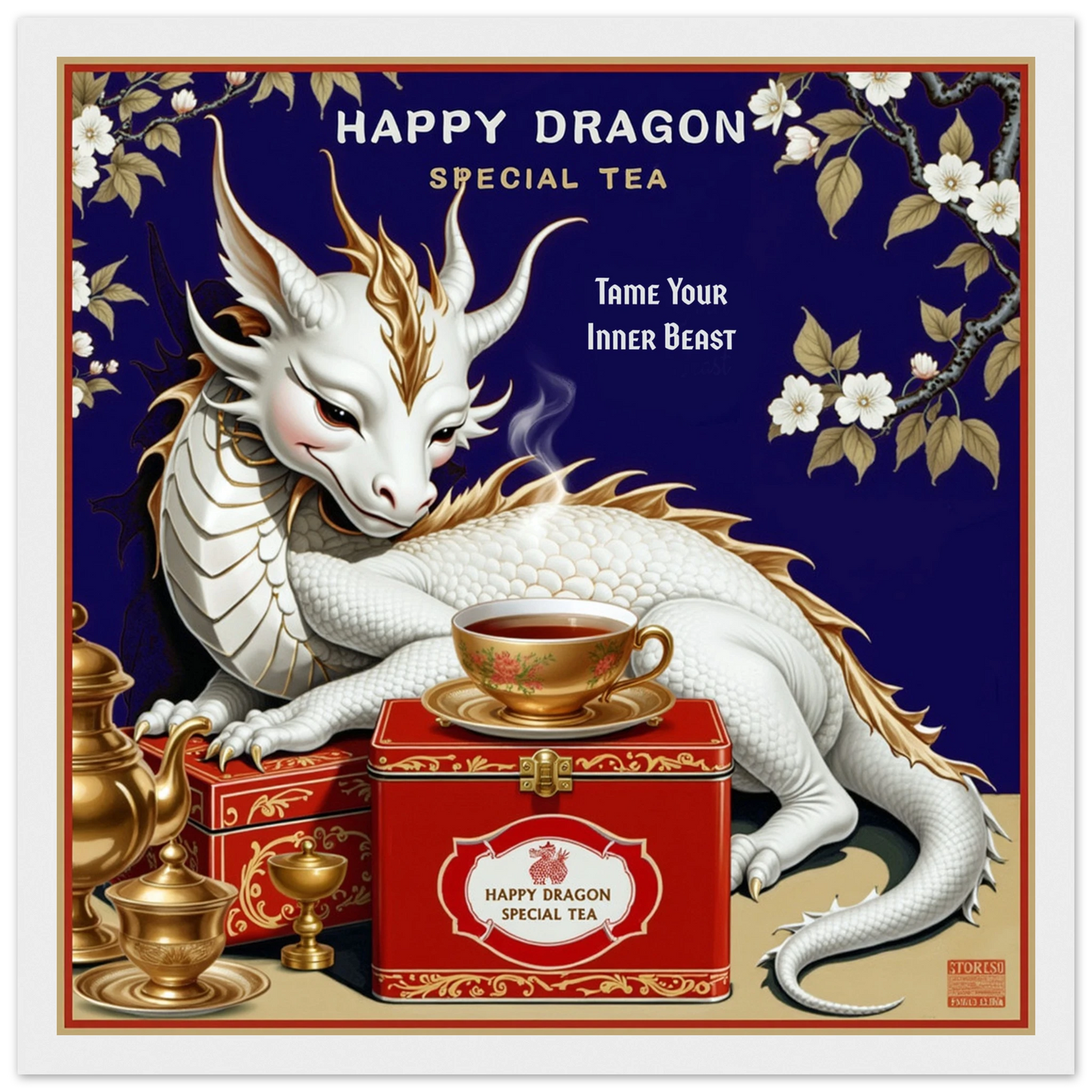 Happy Dragon Tea Art Print 30x30 cm 12x12″ Premium Matte Paper Wooden Framed Poster White Wood Frame