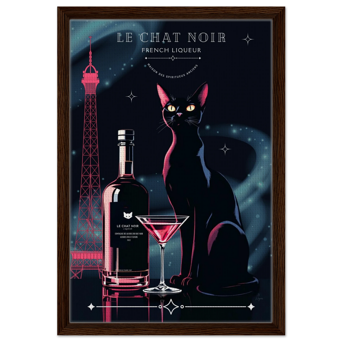 Art Deco Le Chat Noir French Black Cat Art Print 40x60 cm 16x24″ Framed Canvas Dark wood frame