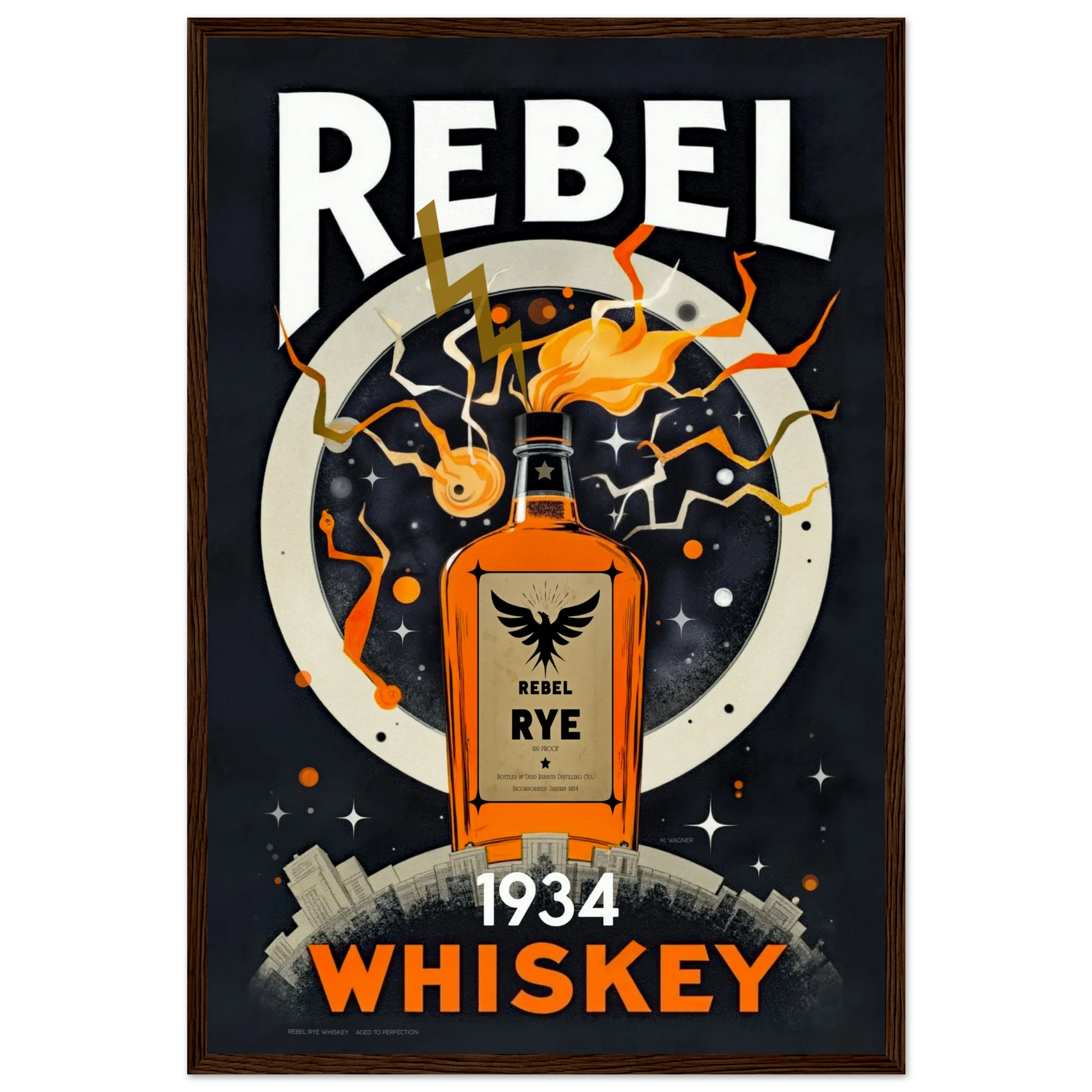 Rebel Whiskey Cocktail Bar Poster Print Dark wood frame 40x60 cm 16x24″ Premium Matte Paper Wooden Framed Poster