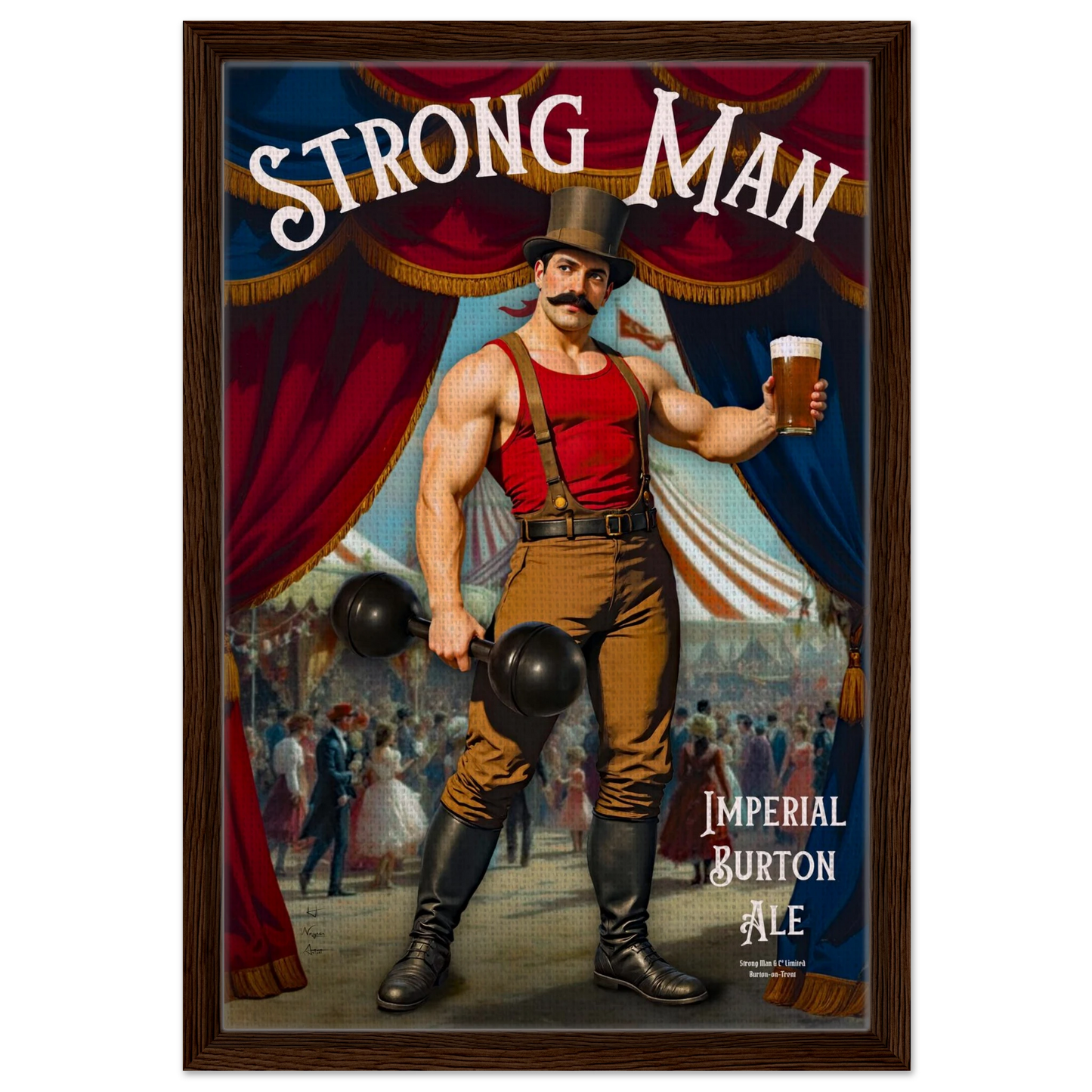Vintage Victorian Circus Strongman Ale Art Print Dark Brown Wood Frame 40x60 cm 16x24″ Framed Canvas