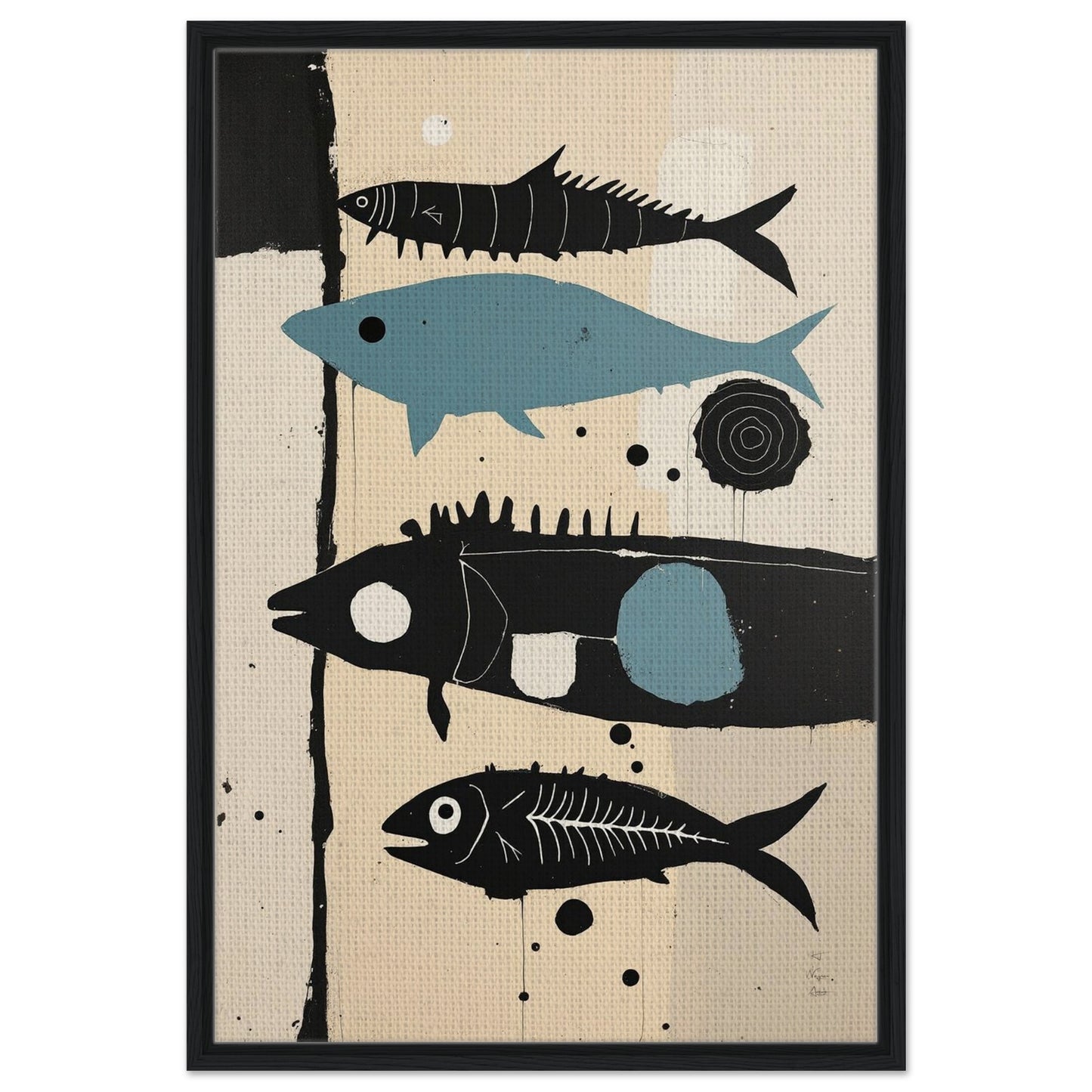 Mid-Century Modern Fish Art Poster Print – Framed Abstract Neutral Wall Decor Black Wood Frame 60x90 cm 24x36″ Framed Canvas