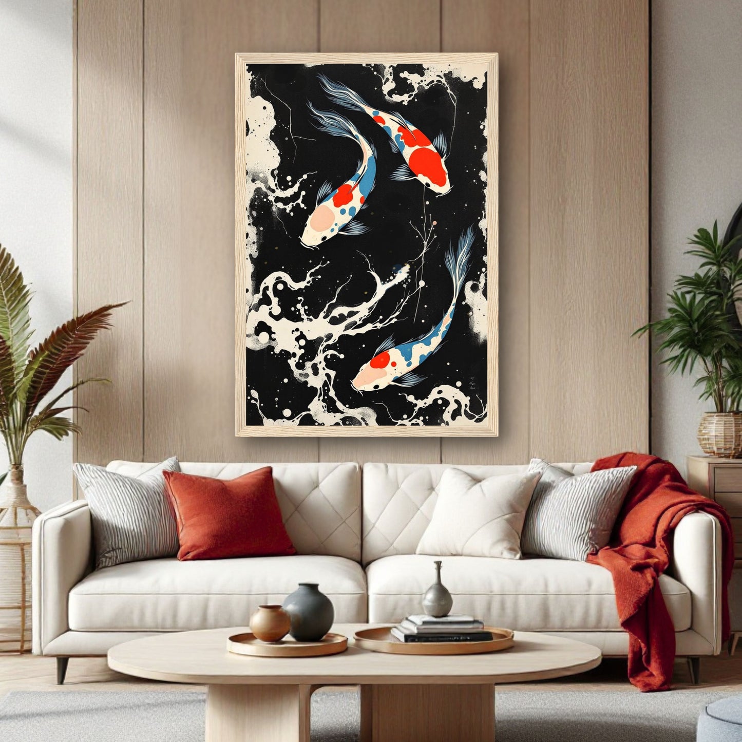 Mid-Century Modern Koi Fish Art Poster Print – Framed Abstract Black White Wall Décor