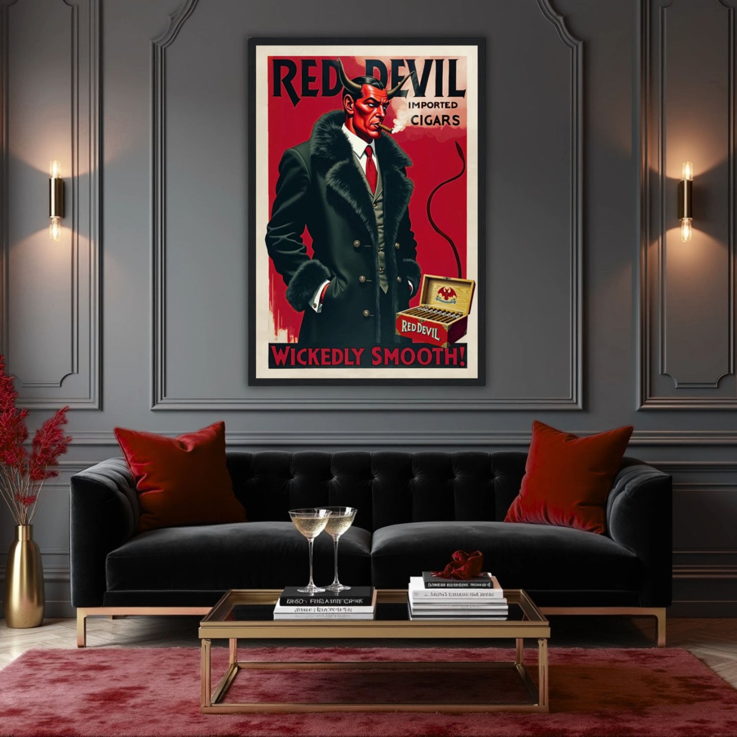 Red Devil Art Deco Cigar Art Print 30x45 cm 12x18″ Premium Matte Paper Wooden Framed Poster Black Wood Frame
