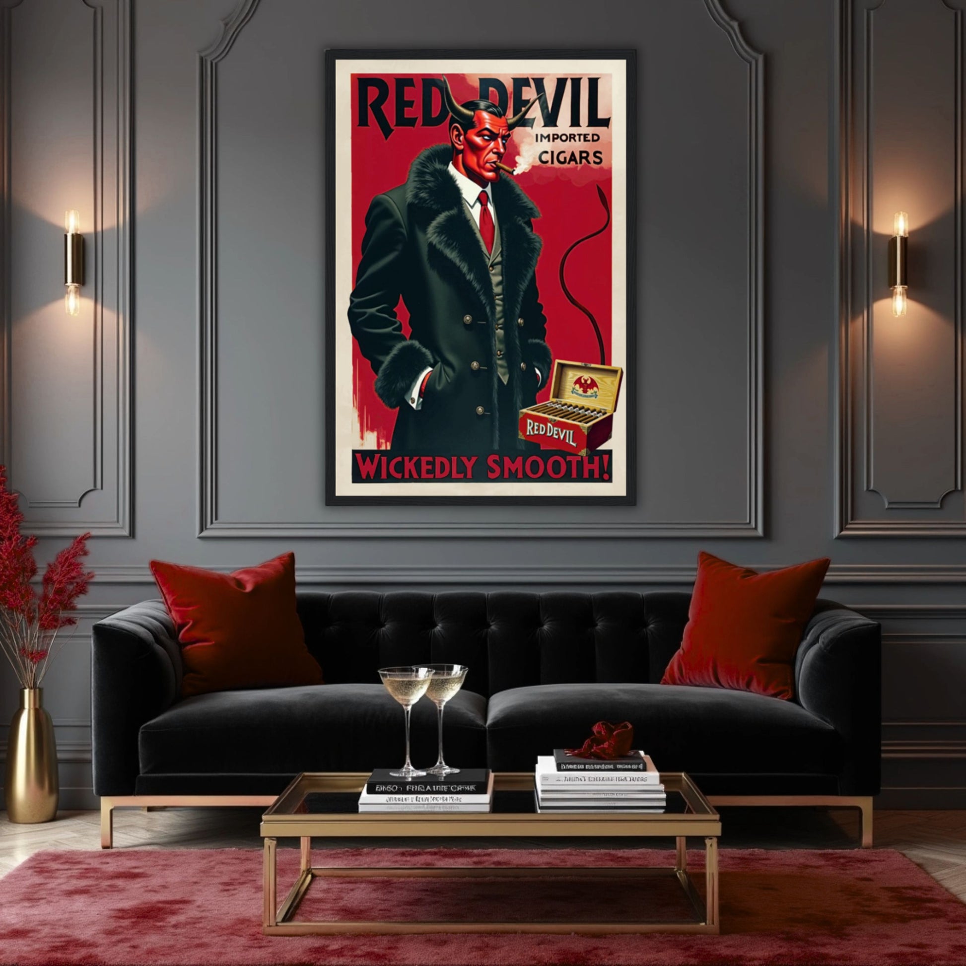 Red Devil Art Deco Cigar Art Print 30x45 cm 12x18″ Premium Matte Paper Wooden Framed Poster Black Wood Frame