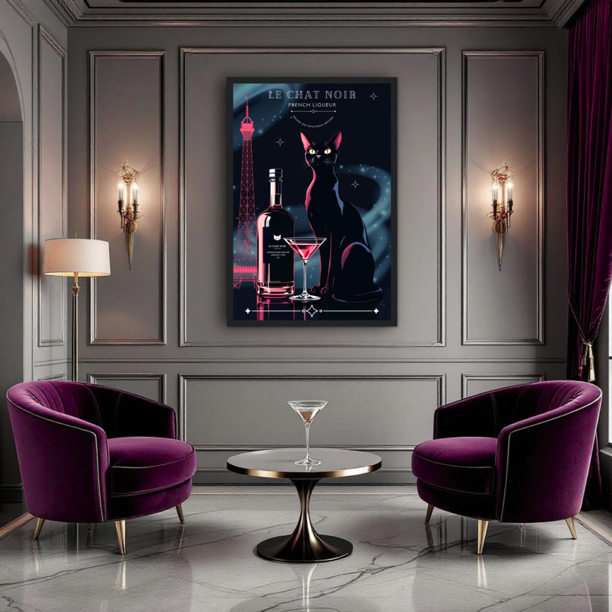 Art Deco Le Chat Noir French Black Cat Art Print 30x45 cm 12x18″ Museum-Quality Matte Paper Wooden Framed Poster White frame