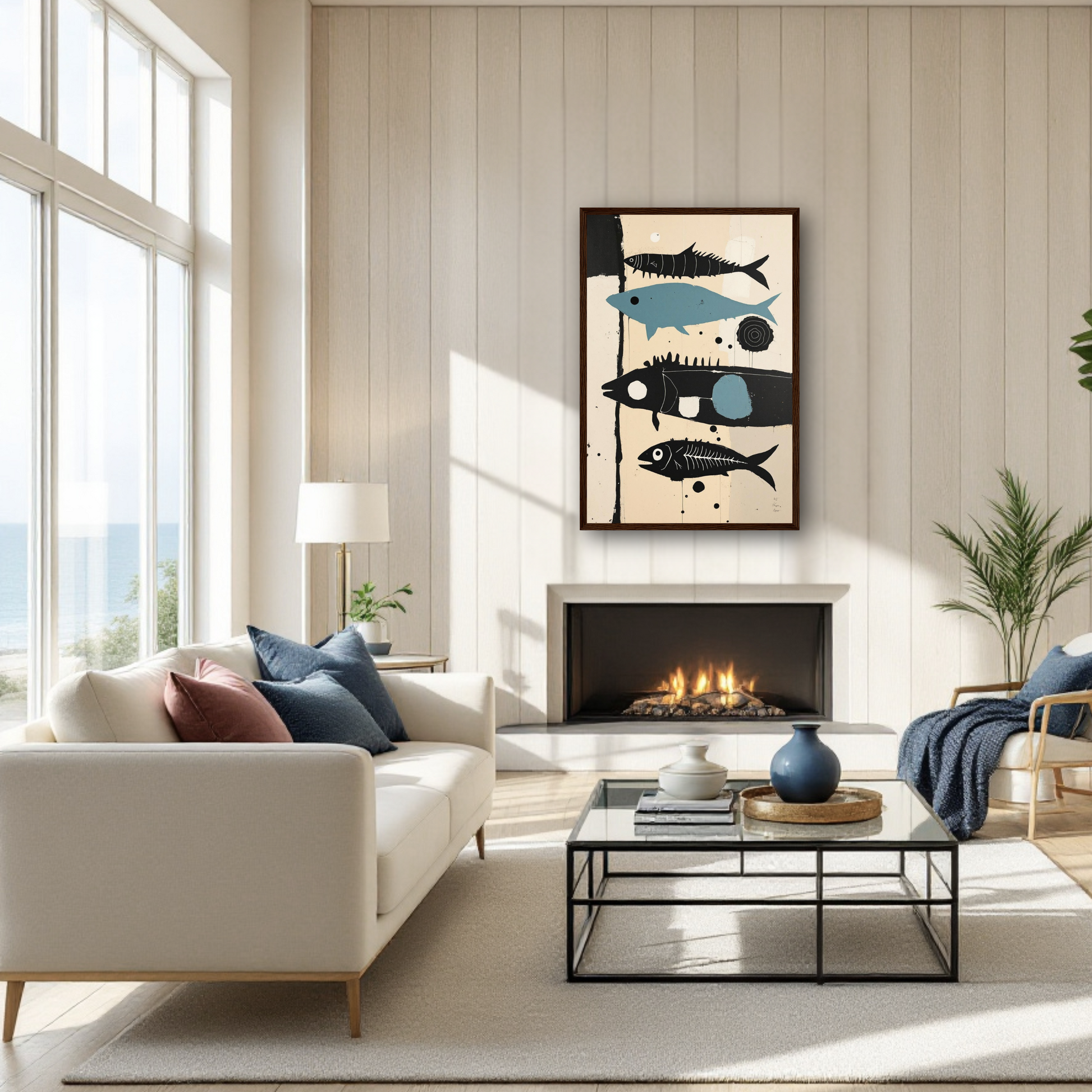 Mid-Century Modern Fish Art Poster Print – Framed Abstract Neutral Wall Decor