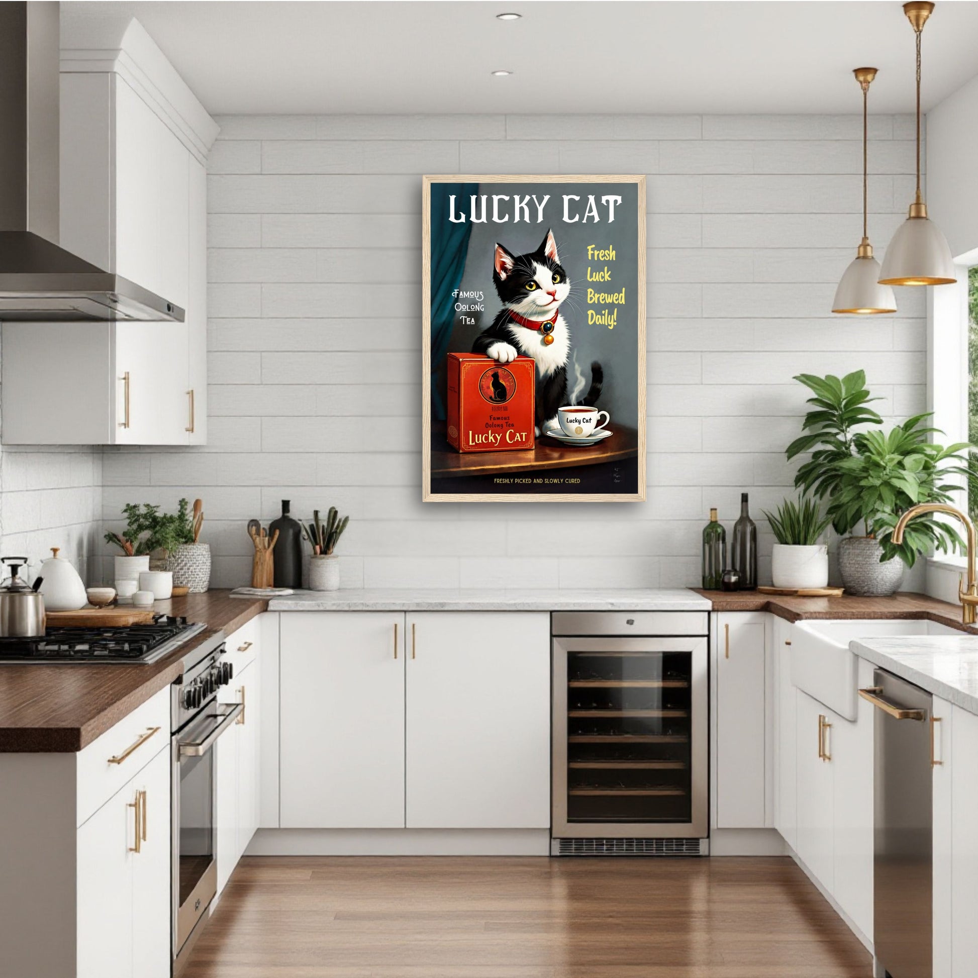 Lucky Tuxedo Cat Tea Kitchen Art Print