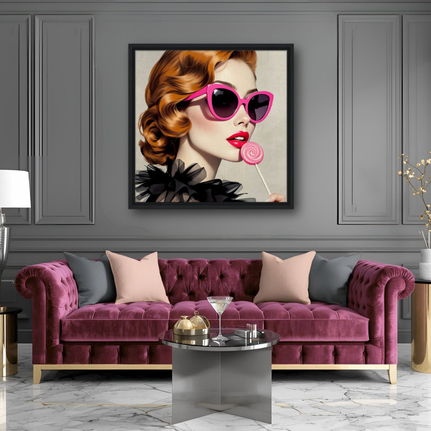 Retro Glam Fashion Model Lollipop Art Print Premium Matte Paper Wooden Framed Poster 30x30 cm 12x12″