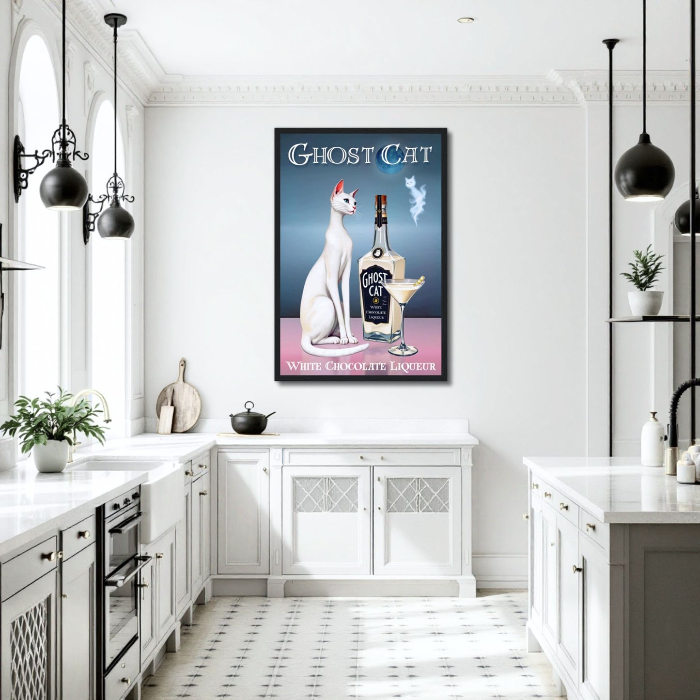 White Cat Martini Cocktail Bar Art Print 60x90 cm 24x36″ Classic Matte Paper Wooden Framed Poster Black Wood frame