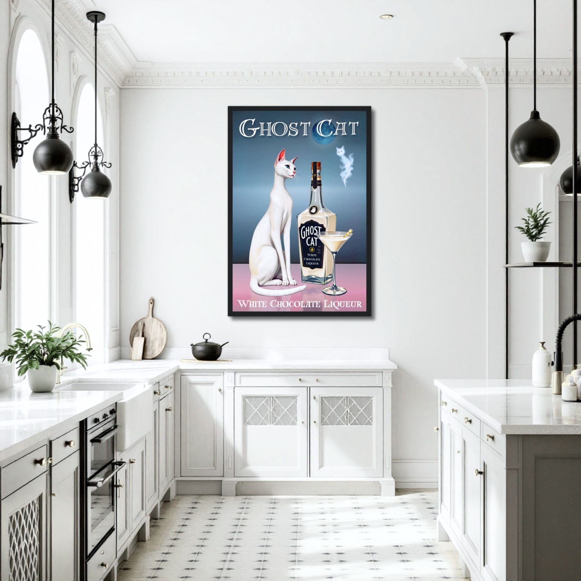 White Cat Martini Cocktail Bar Art Print 60x90 cm 24x36″ Classic Matte Paper Wooden Framed Poster Black Wood frame