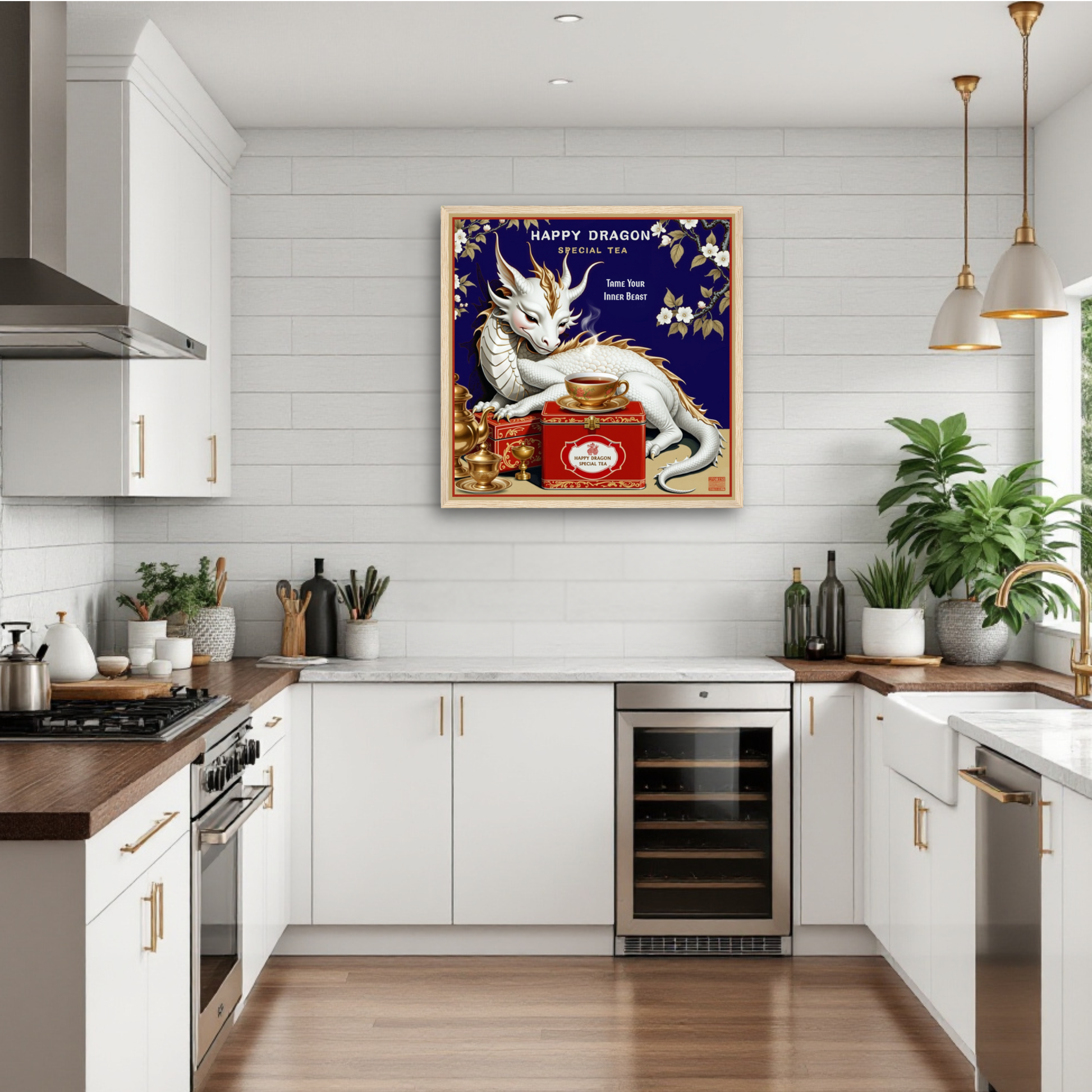 Happy Dragon Tea Art Print 50x50 cm 20x20″ Premium Matte Paper Wooden Framed Poster Black Wood Frame