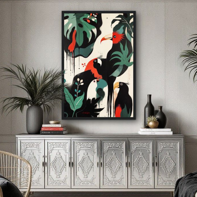 Mid-Century Modern Exotic Bird Art Poster Print - Framed Tropical Parrot Wall Décor