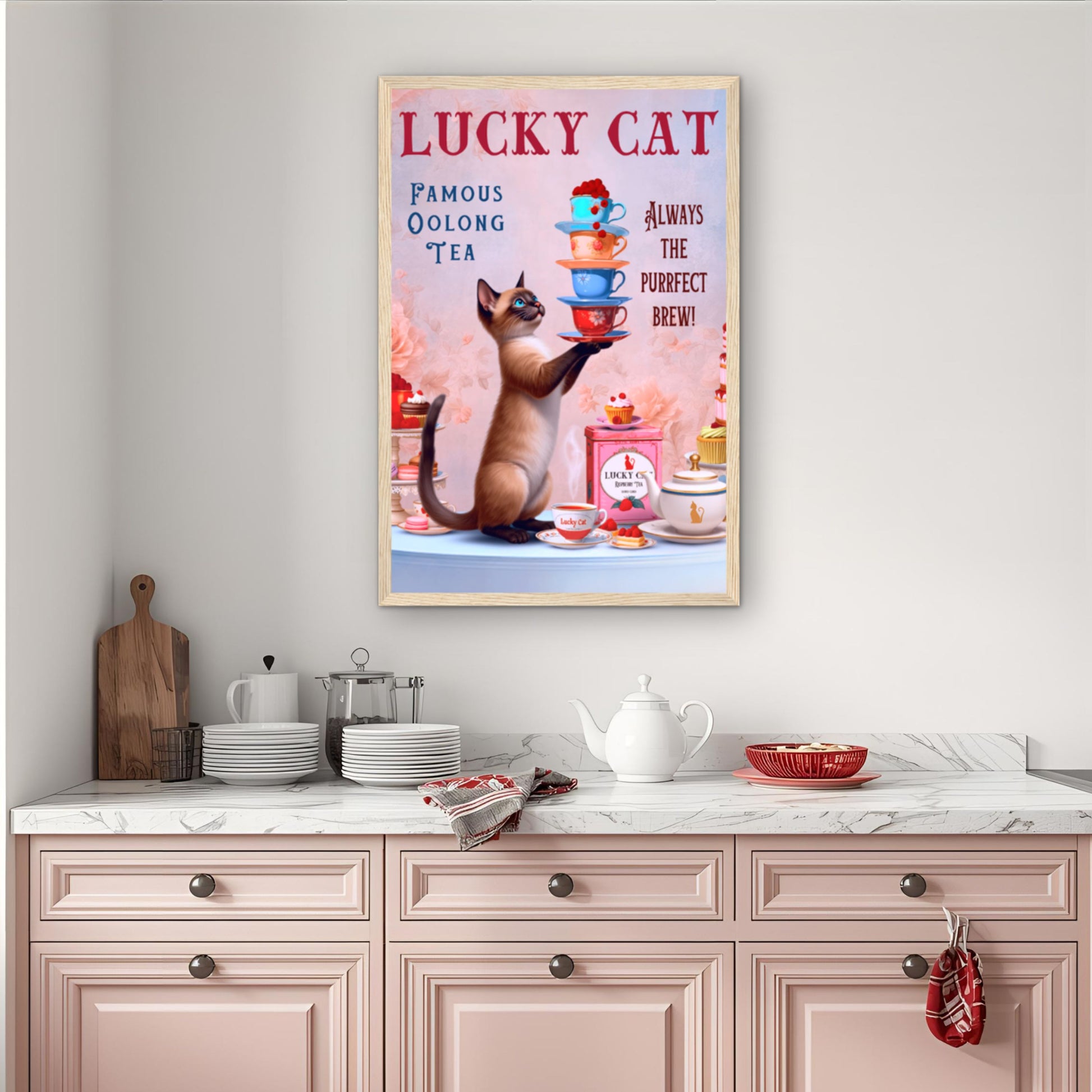 Siamese Lucky Cat Vintage Tea Art Print