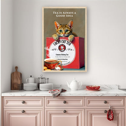 Tabby Lucky Cat Tea Vintage Kitchen Art Print