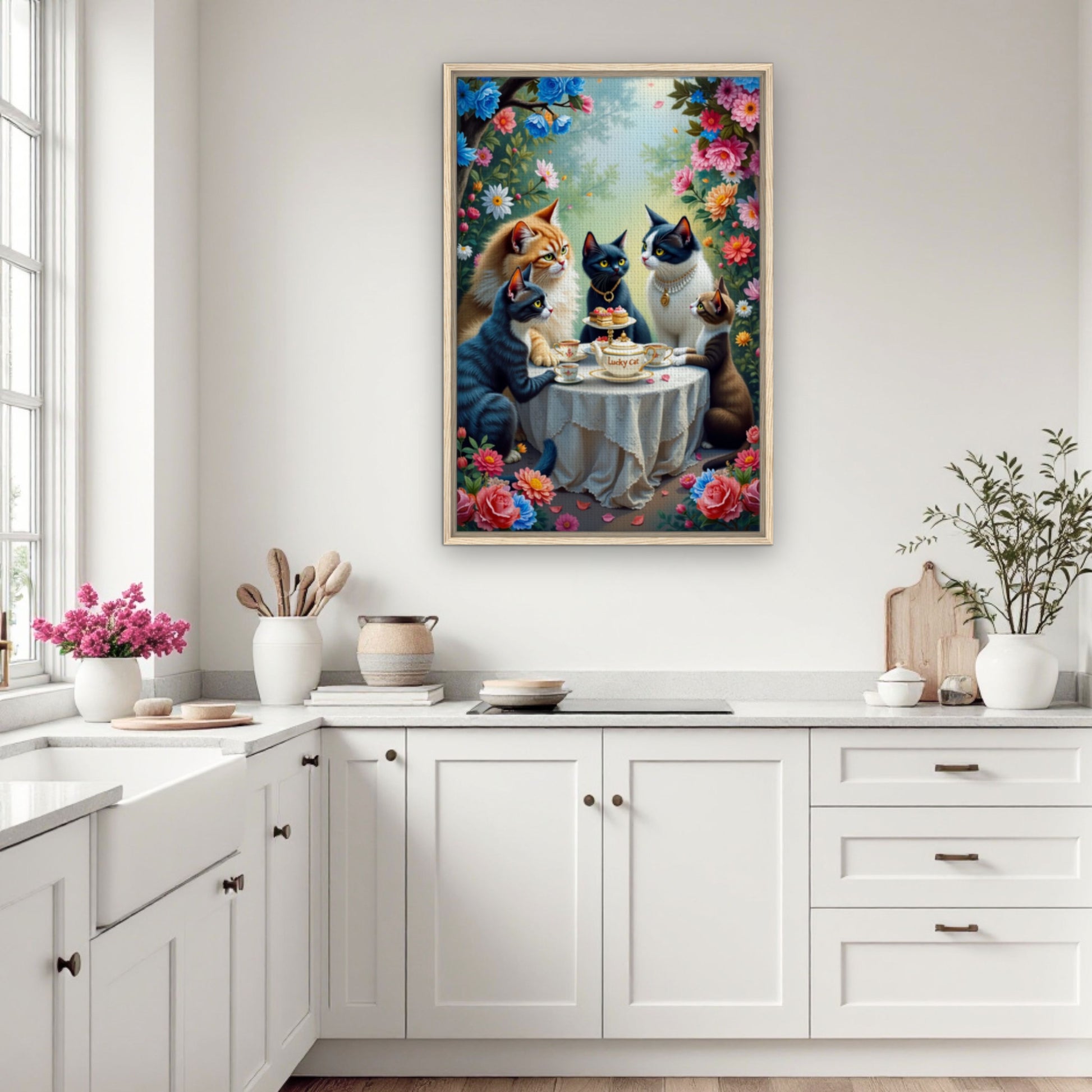 Lucky Cat Garden Tea Party Kitchen Art Print