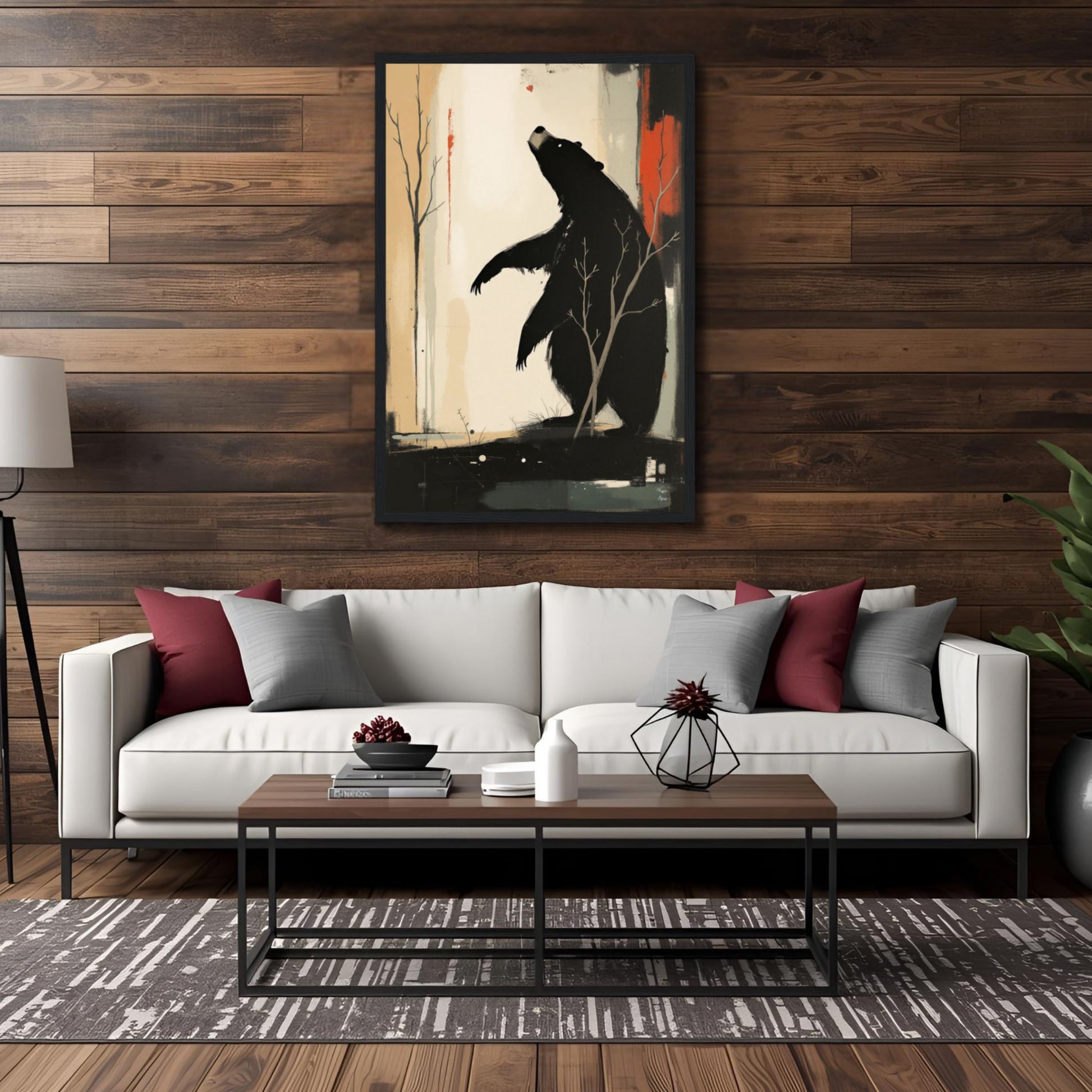 Abstract Bear Wildlife Art Print 20x30 cm 8x12″ Framed Canvas Light Wood Frame