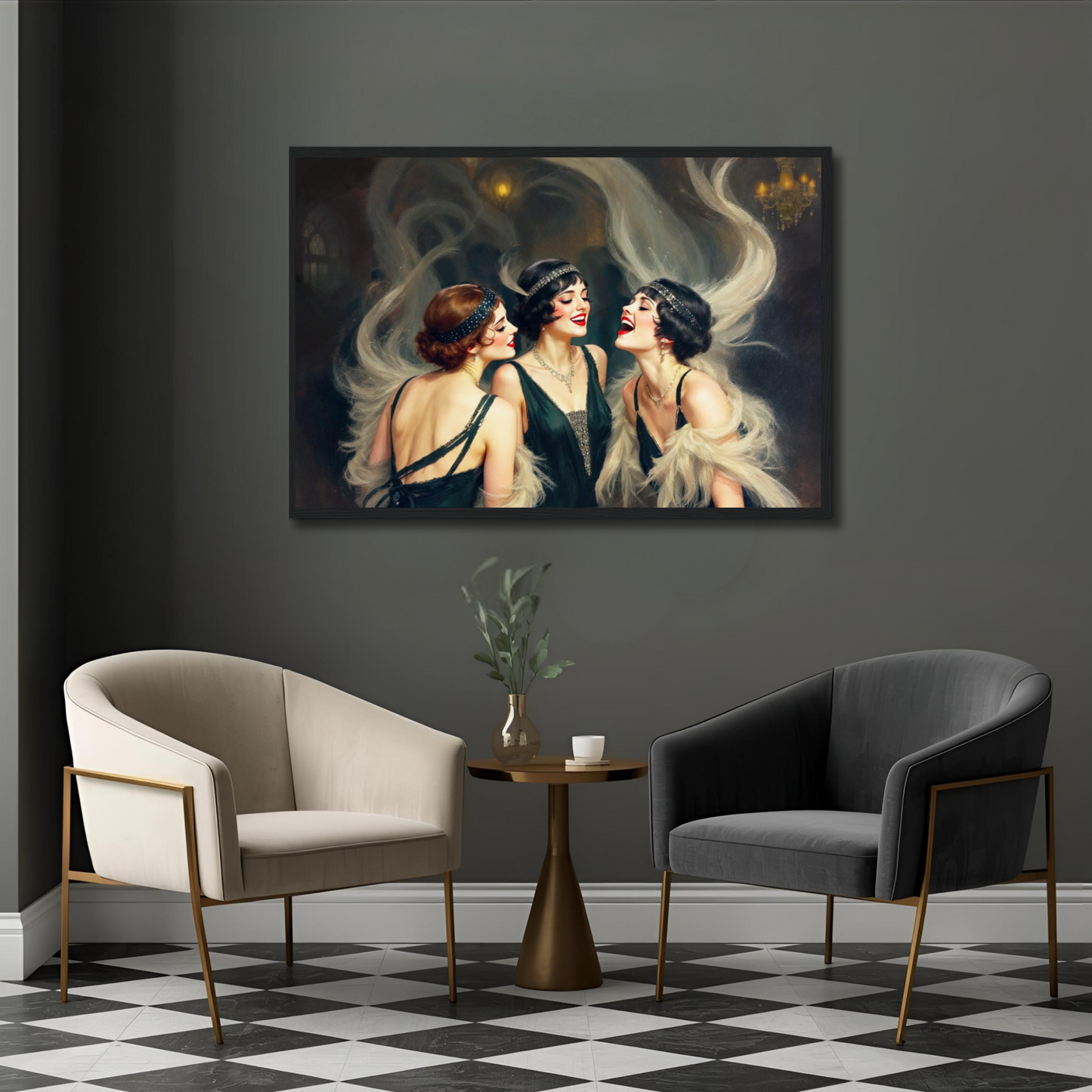 Flapper Girls Speakeasy Gatsby Art Print Dark Brown Wood Frame 60x90 cm 24x36″ Classic Matte Framed Poster