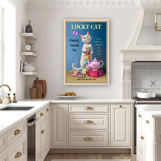 White Lucky Cat Tea Vintage Fine Art Print