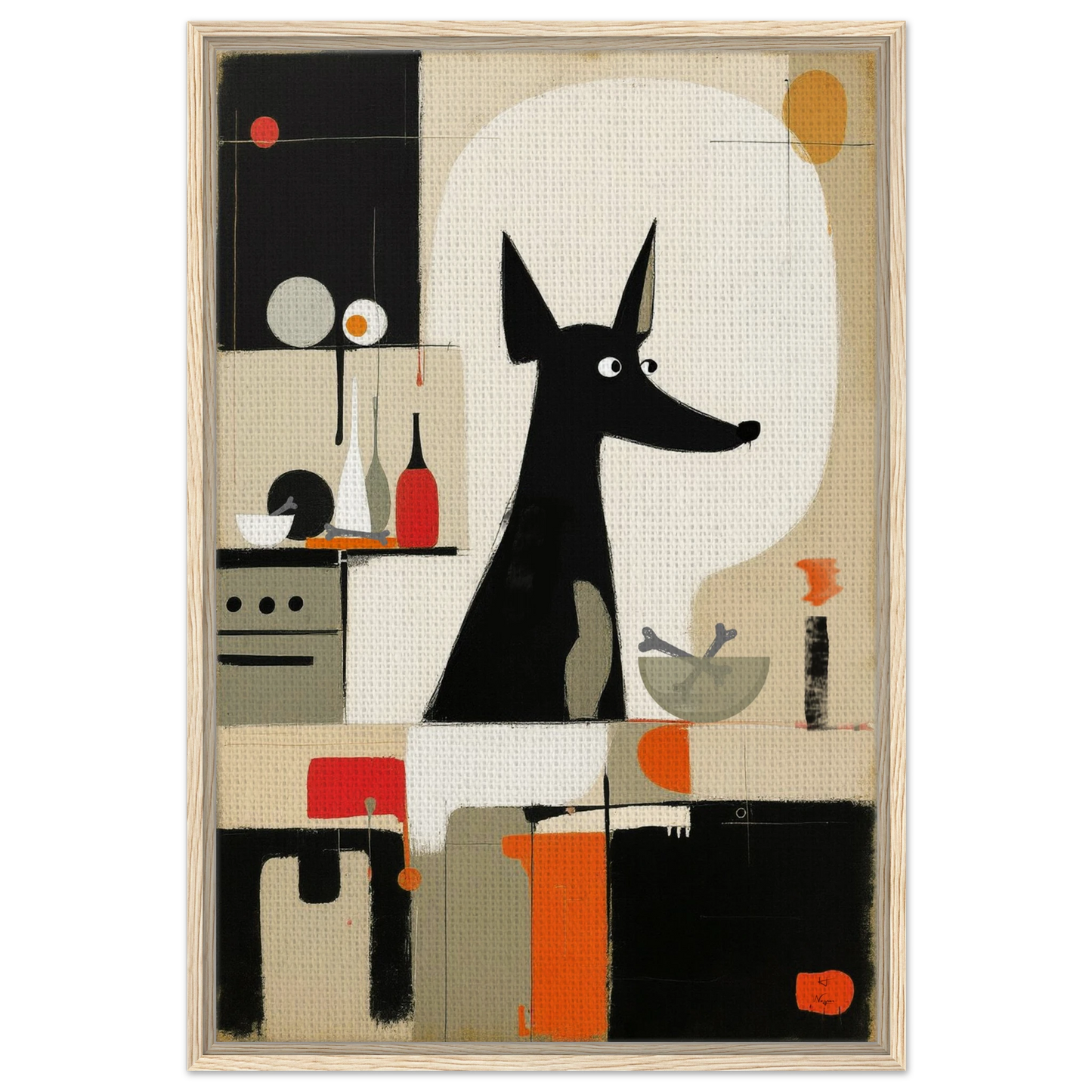 Modern Quirky Abstract Dog Art Print Light Wood Frame 60x90 cm 24x36″ Framed Canvas