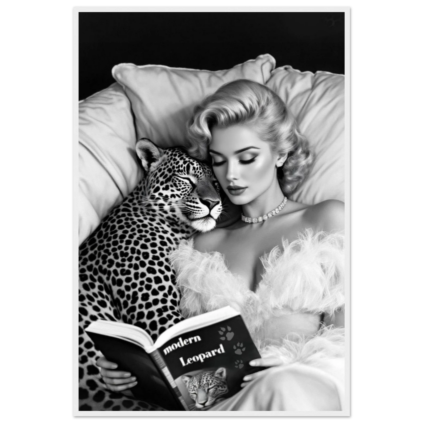 Hollywood Starlet Leopard Cat Art Print 60x90 cm 24x36″ Classic Matte Paper Wooden Framed Poster White Wood Frame