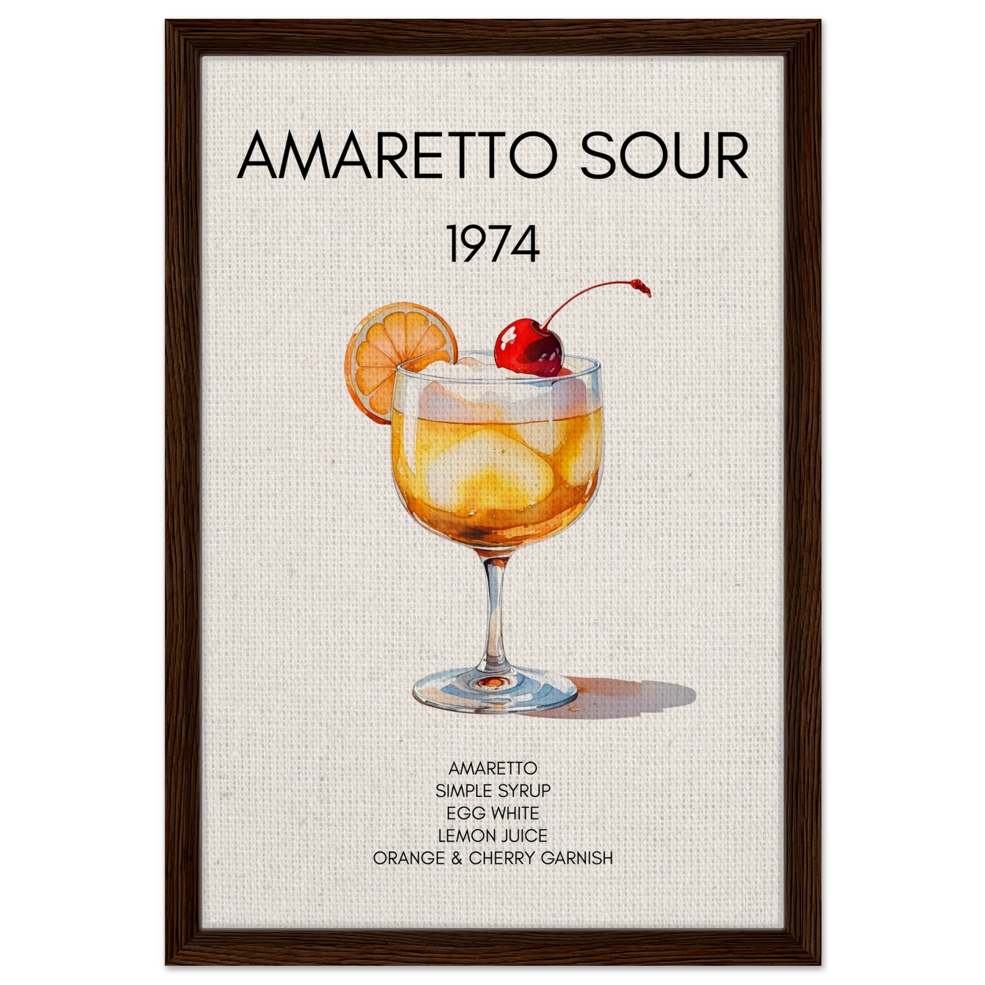 Amaretto Sour Cocktail Bar Art Print Dark Brown Wood Frame 40x60 cm 16x24″ Framed Canvas