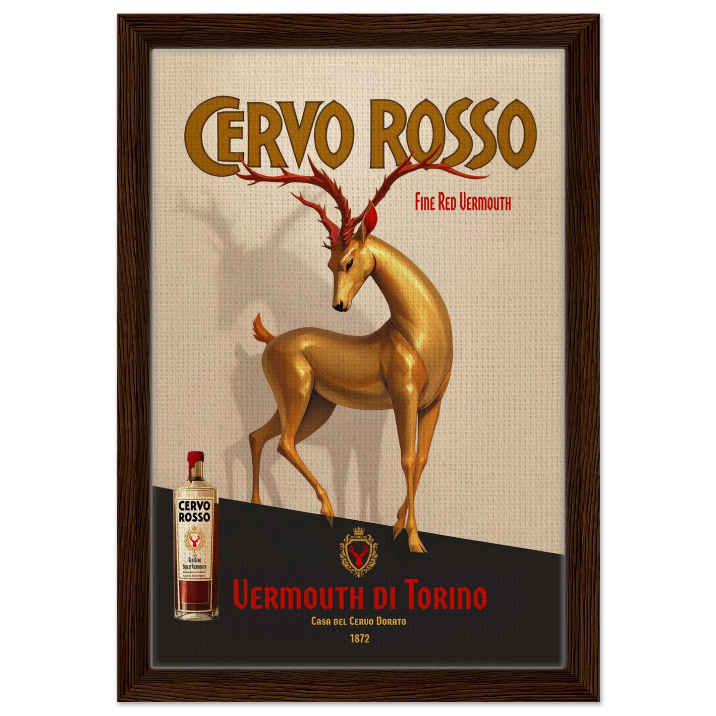 Art Deco Golden Deer Cocktail Bar Poster Print 30x45 cm 12x18″ Framed Canvas Dark Brown Wood Frame