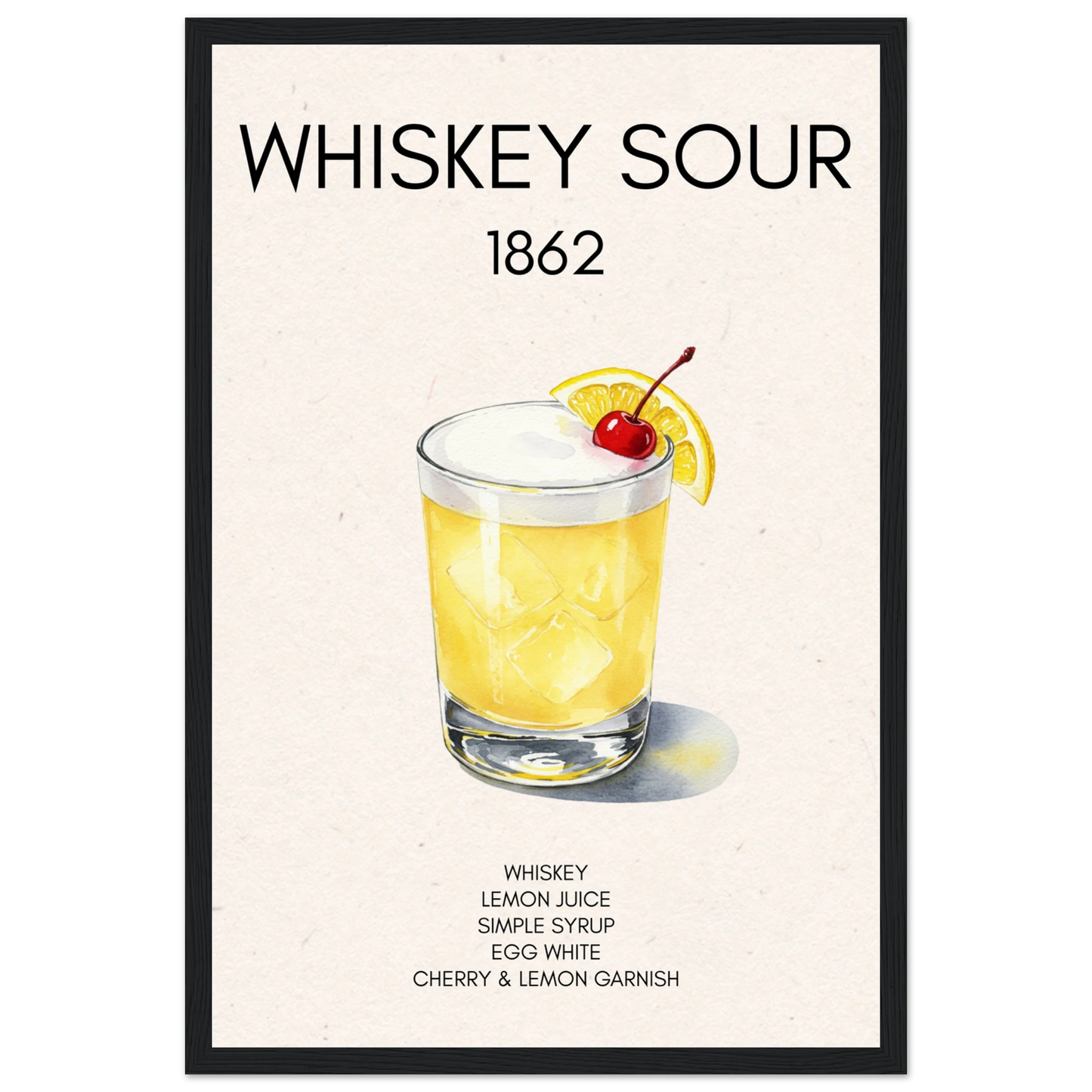 Whiskey Sour Cocktail Bar Poster Print Black Wood Frame 30x45 cm 12x18″ Premium Matte Paper Wooden Framed Poster