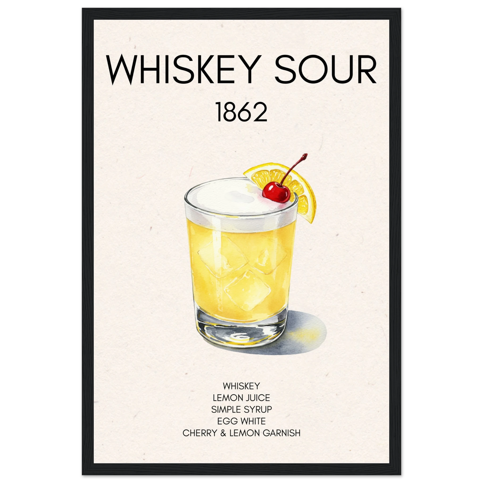 Whiskey Sour Cocktail Bar Poster Print Black Wood Frame 30x45 cm 12x18″ Premium Matte Paper Wooden Framed Poster