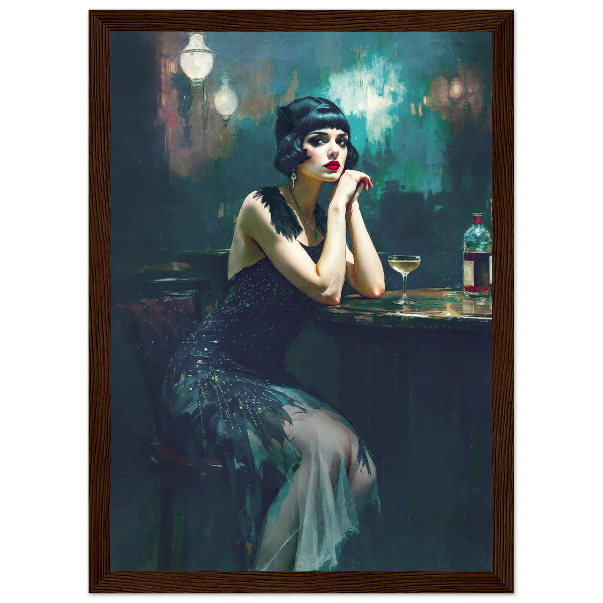 Jazz Age Speakeasy Flapper Art Print 21x29.7 cm 8x12" Premium Matte Framed Poster Dark Brown Wood Frame