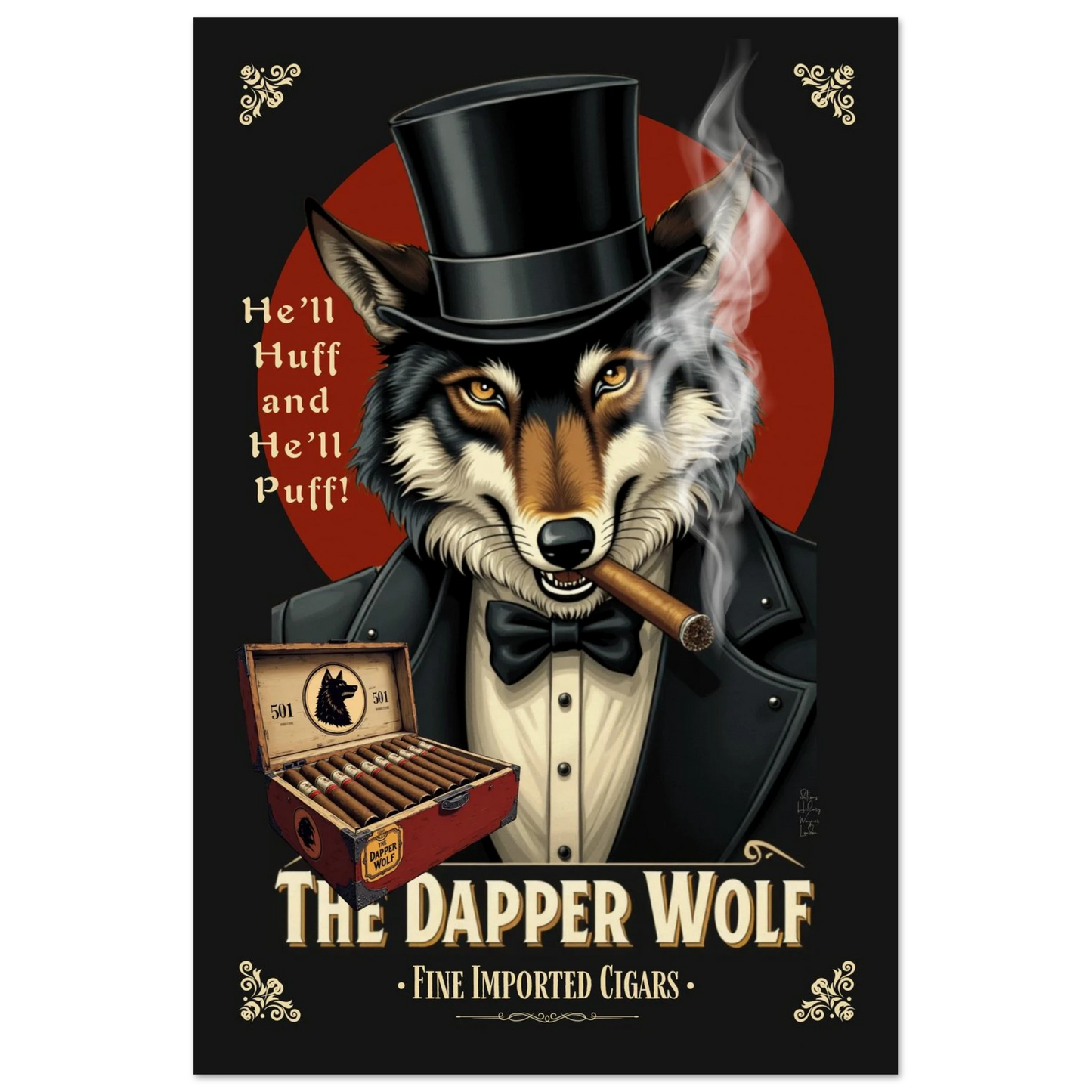 Smoking Wolf Retro Cigar Art Print 60x90 cm 24x36″ Museum-Quality Matte Paper Poster -