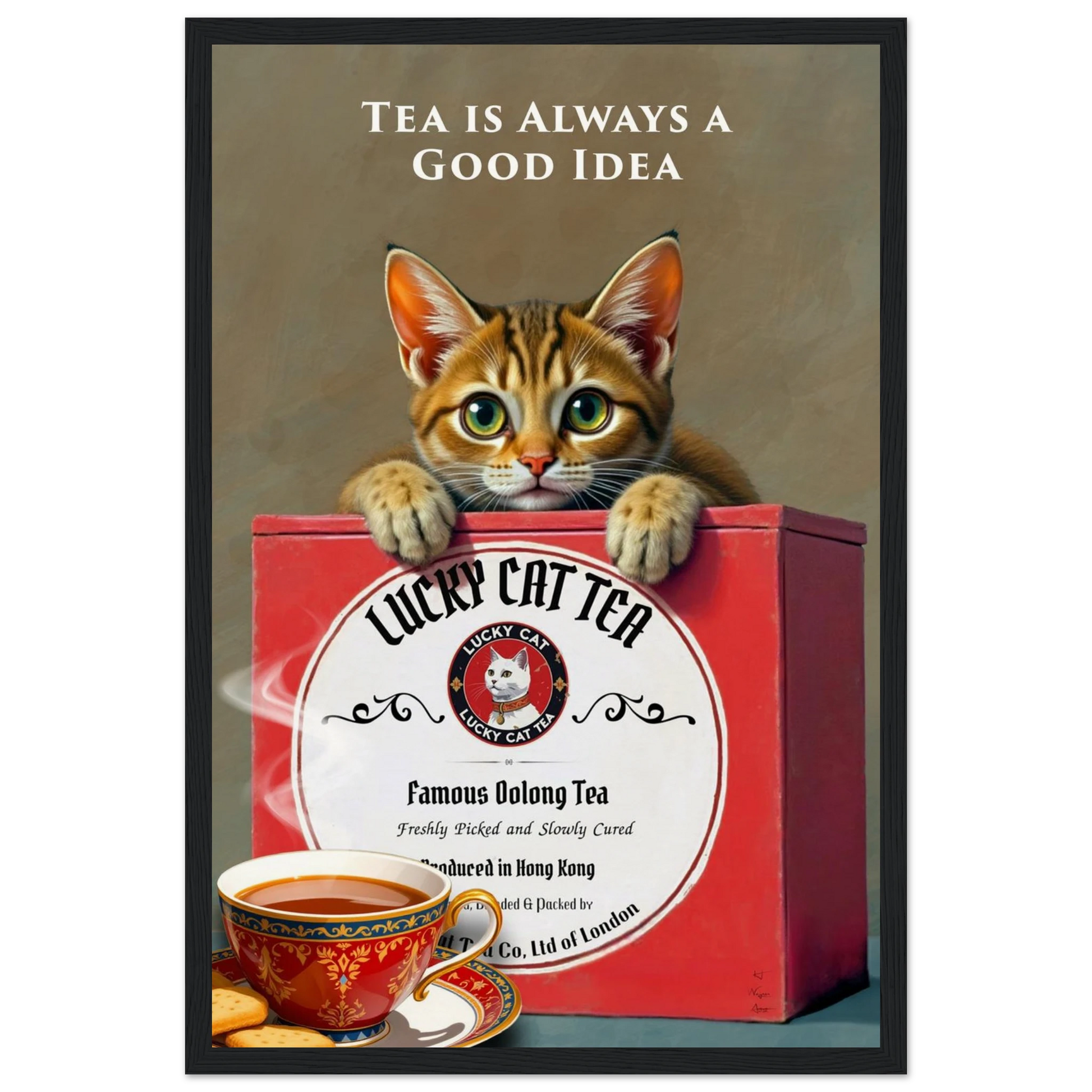 Tabby Lucky Cat Tea Vintage Kitchen Art Print Black Wood frame 30x45 cm 12x18″ Museum-Quality Matte Paper Wooden Framed Poster