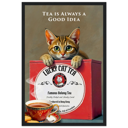 Tabby Lucky Cat Tea Vintage Kitchen Art Print Black Wood frame 30x45 cm 12x18″ Museum-Quality Matte Paper Wooden Framed Poster