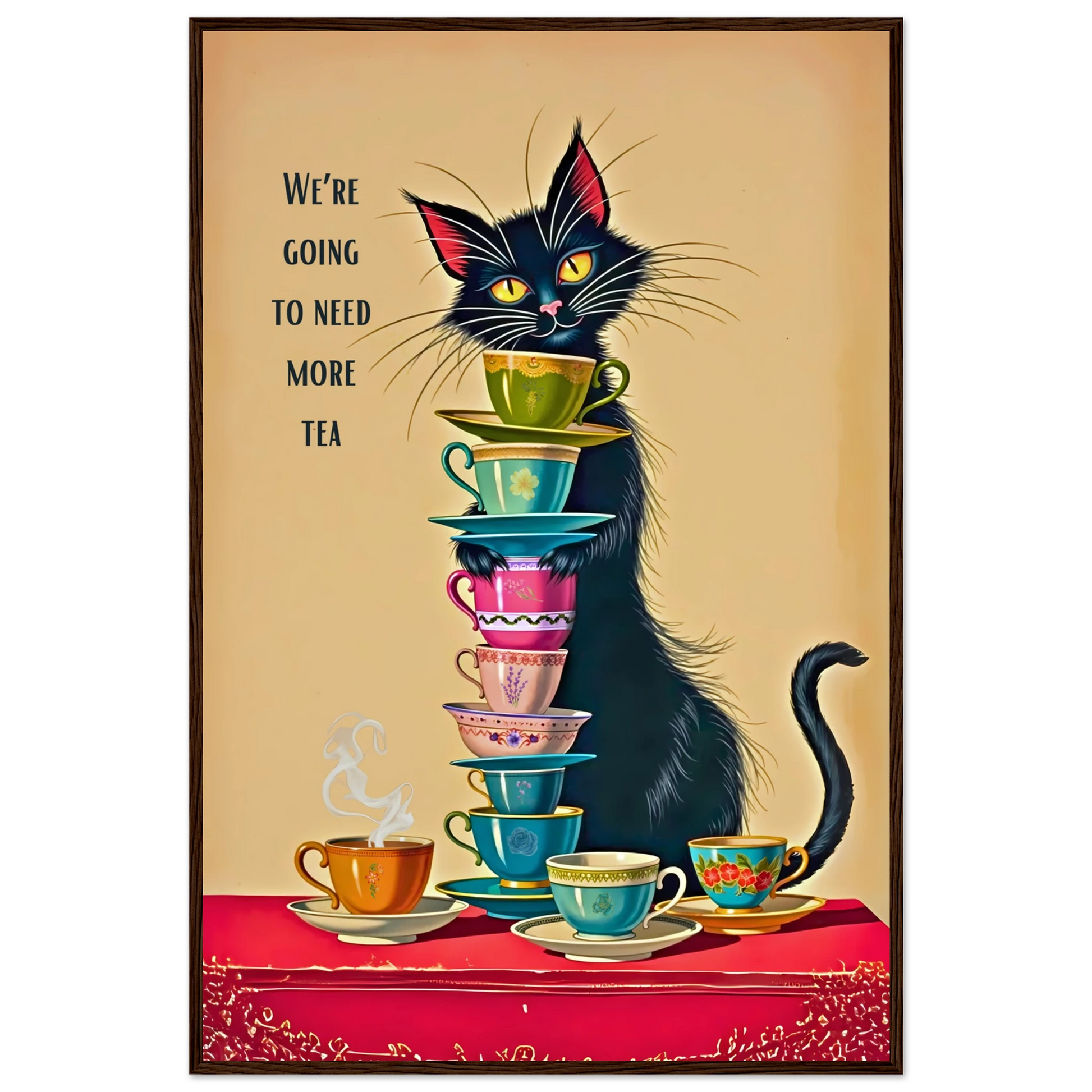 Quirky Cat Funny Tea Art Print 60x90 cm 24x36″ Premium Matte Paper Wooden Framed Poster Dark Brown Wood Frame